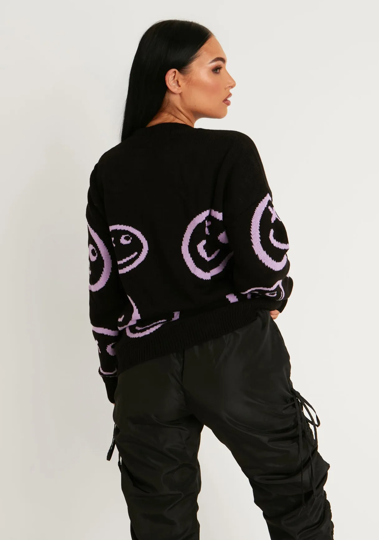 Cleo Black And Lilac Oversized Smiley Face Knitted Jumper