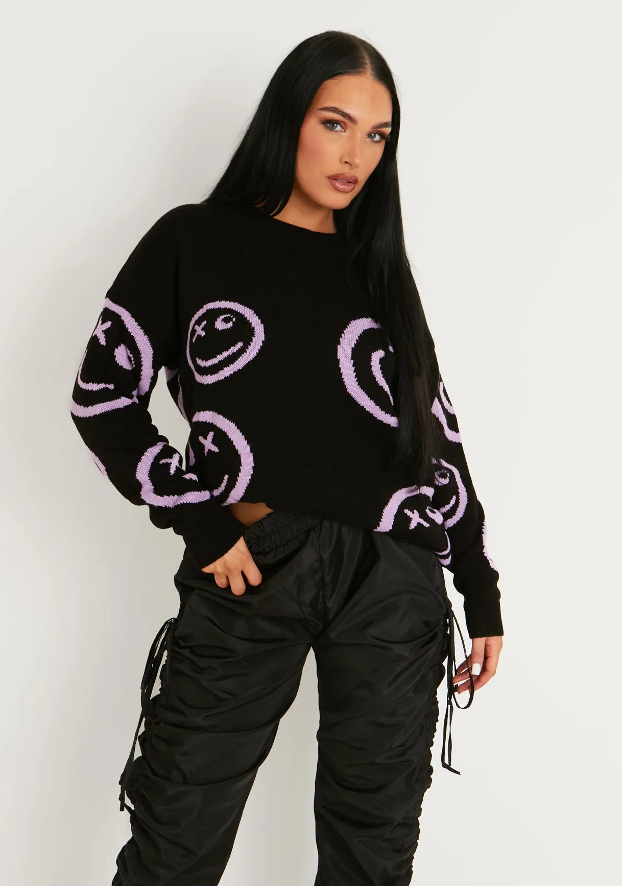 Cleo Black And Lilac Oversized Smiley Face Knitted Jumper