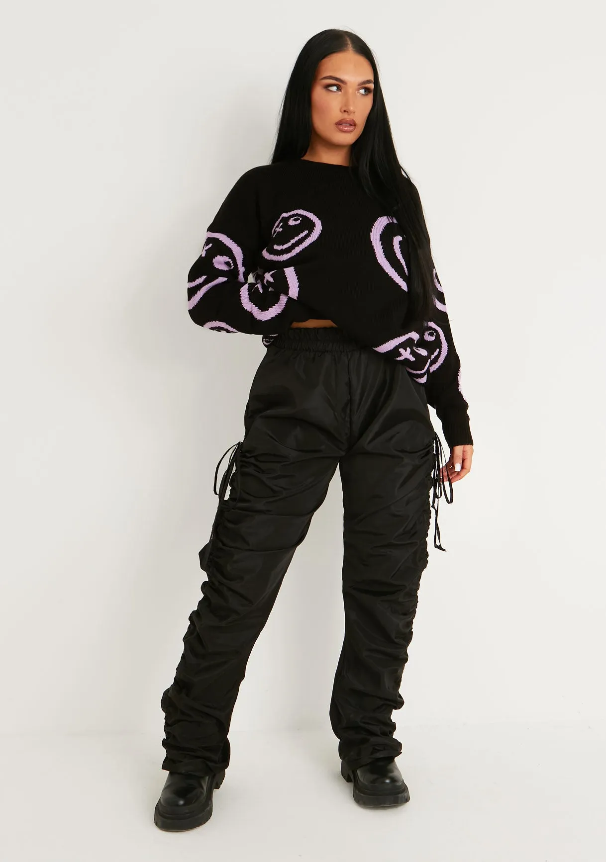 Cleo Black And Lilac Oversized Smiley Face Knitted Jumper