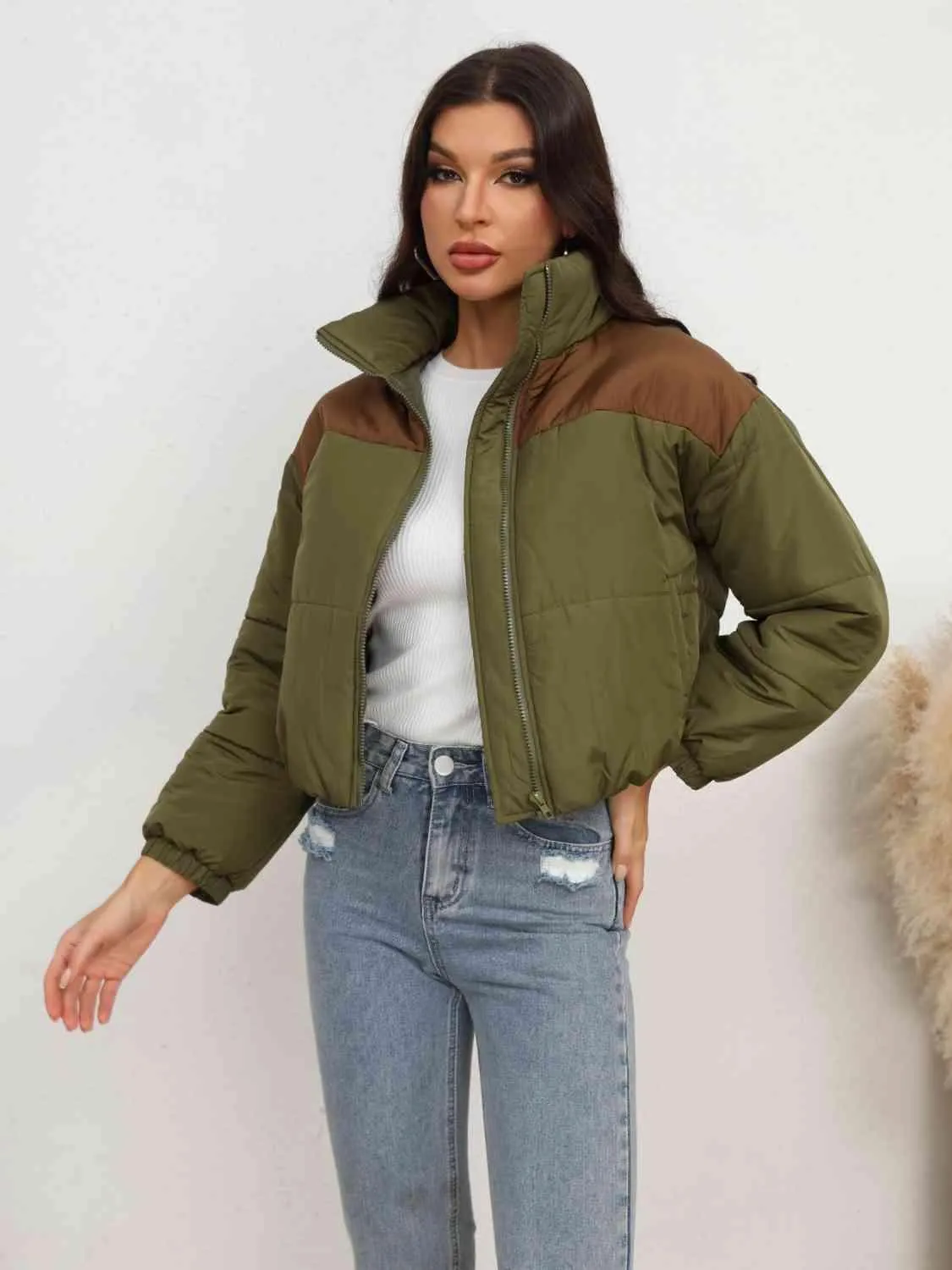 Conquer The Cold Zip-Up Army Green Puffer Jacket
