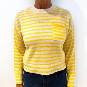 Cream Yellow Striped Boxy Cashmere Crew Neck Jumper Medium