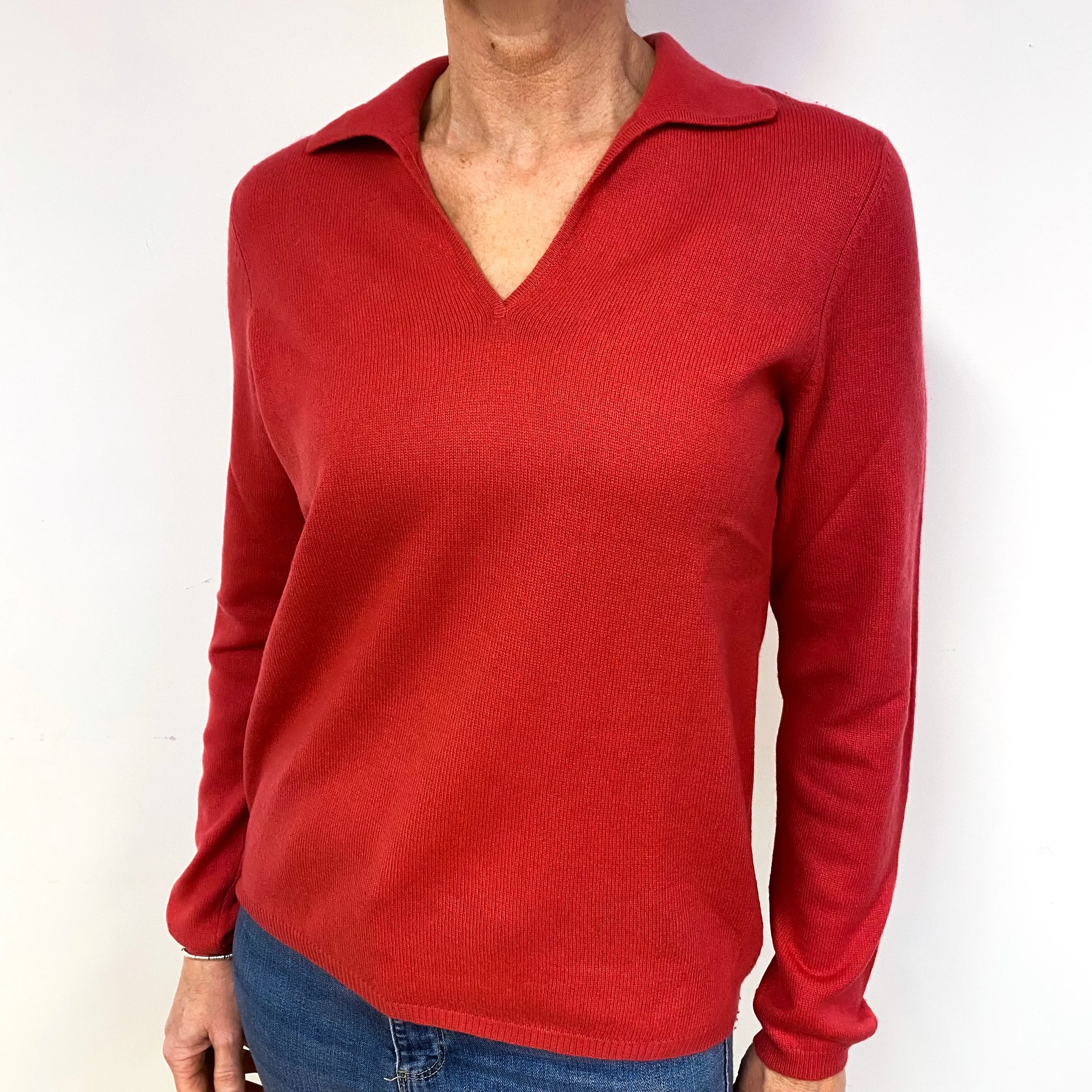 Dark Coral Cashmere V-Neck Collared Jumper Medium