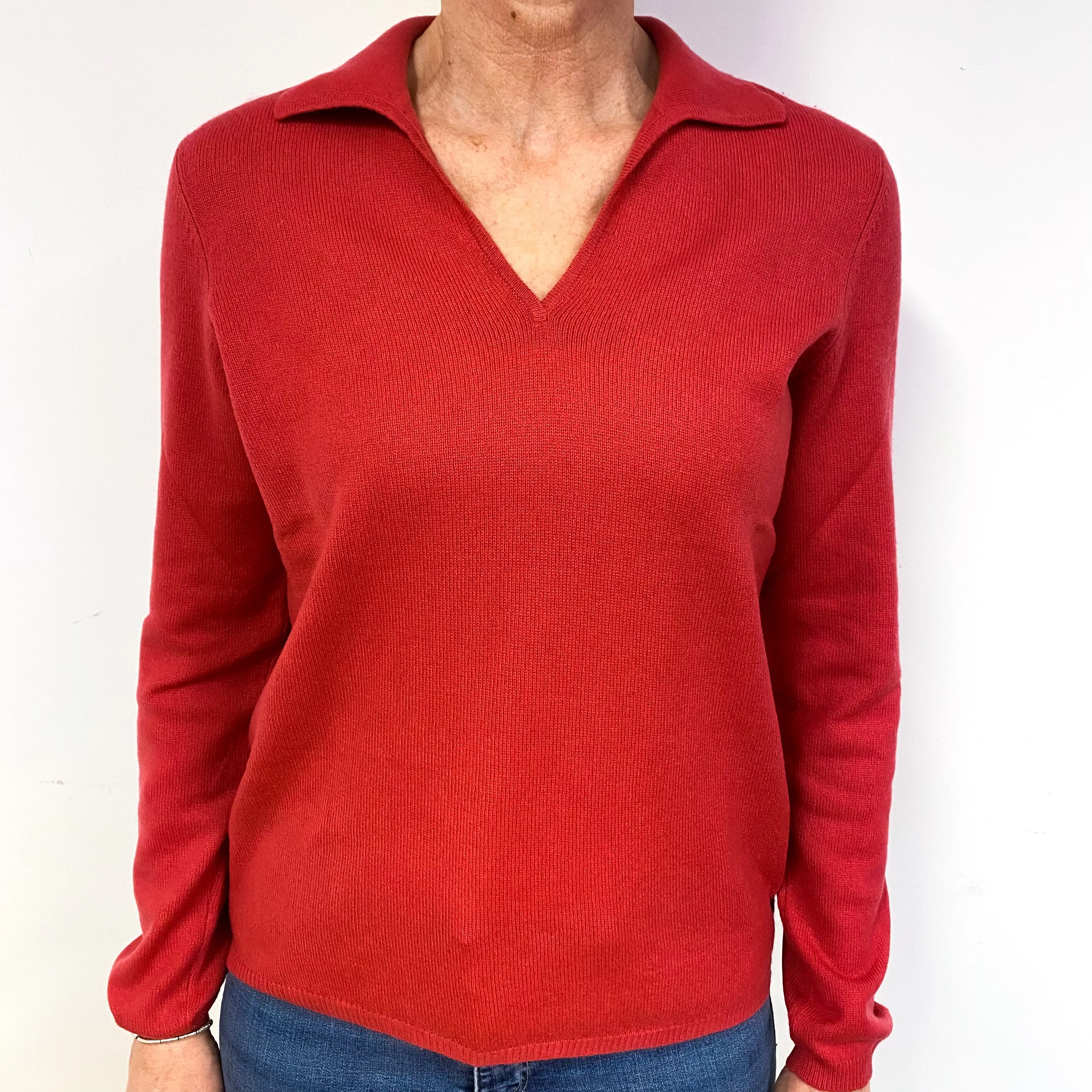 Dark Coral Cashmere V-Neck Collared Jumper Medium