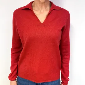 Dark Coral Cashmere V-Neck Collared Jumper Medium