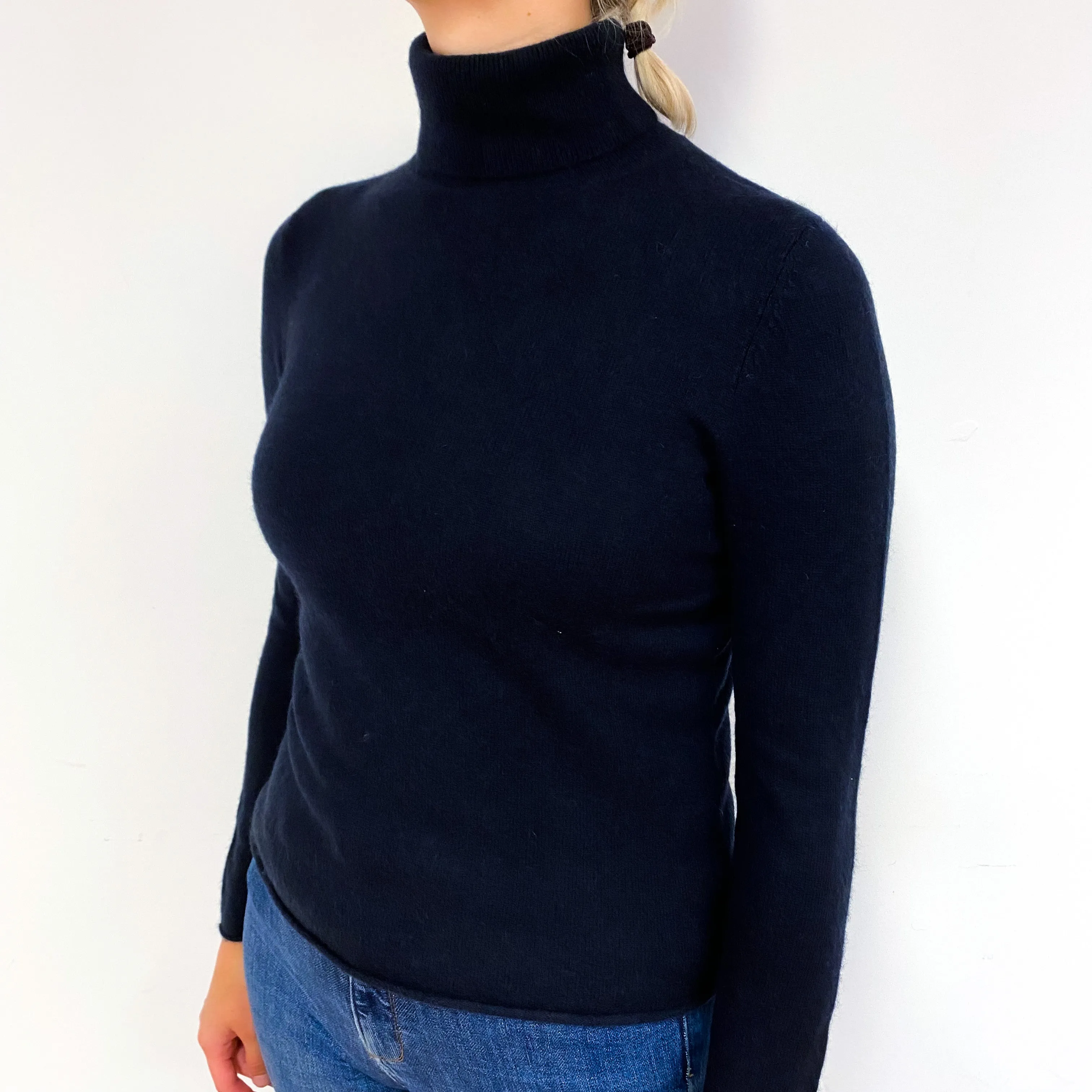 Dark French Navy Cashmere Polo Neck Jumper Small