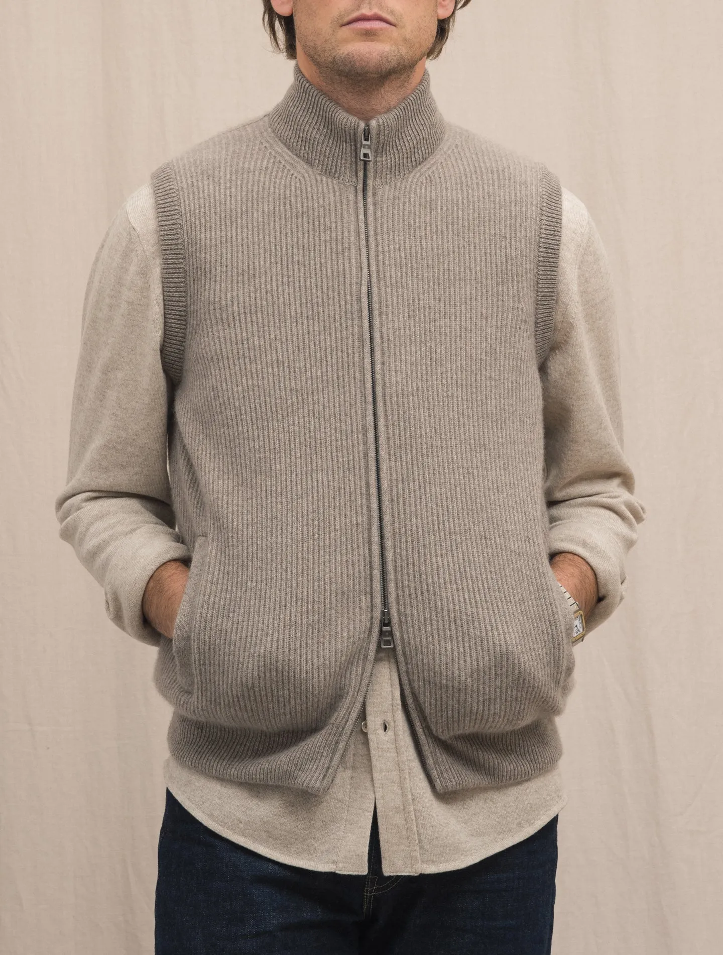 Down Padded Rib Knitted Cashmere Vest Greige