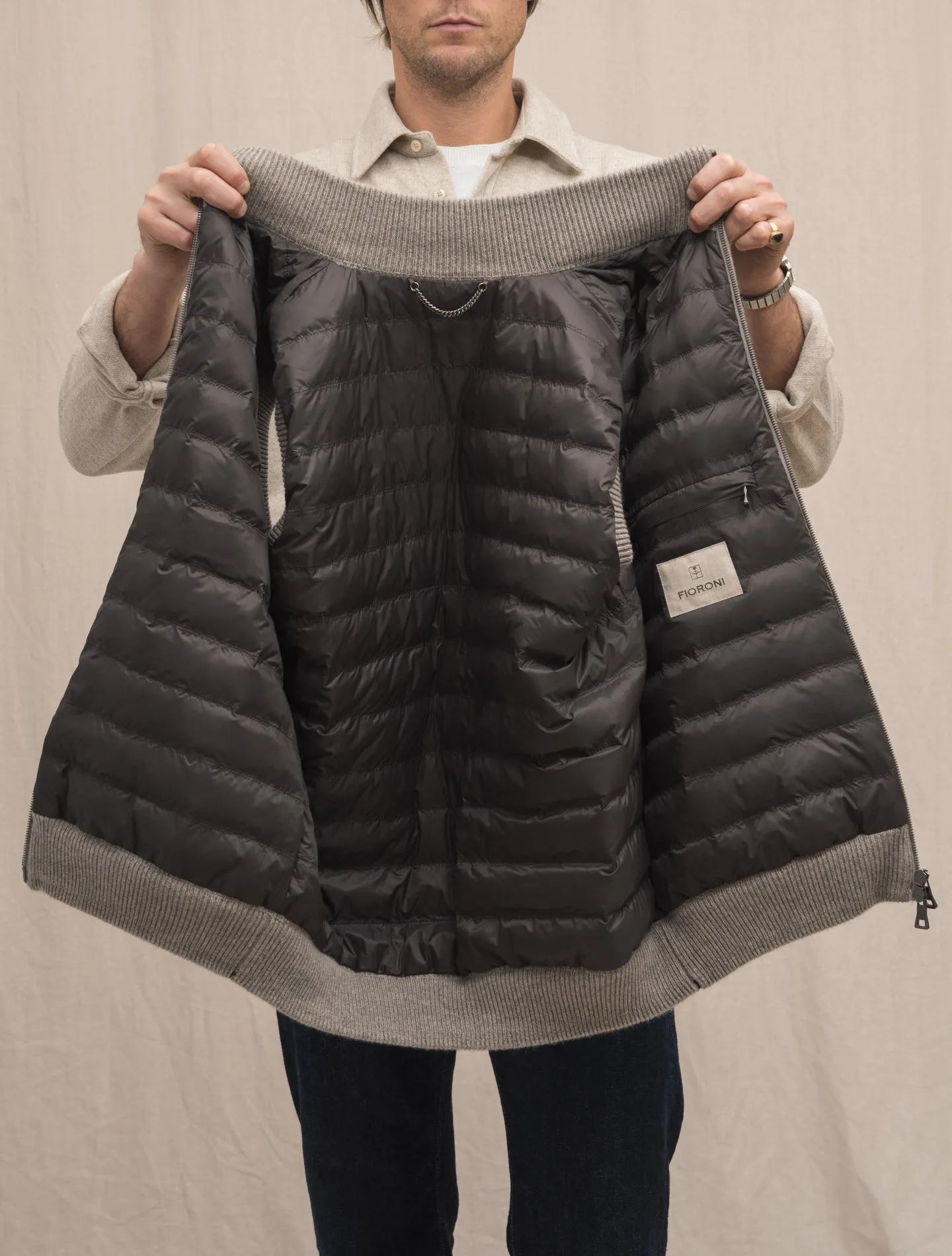 Down Padded Rib Knitted Cashmere Vest Greige