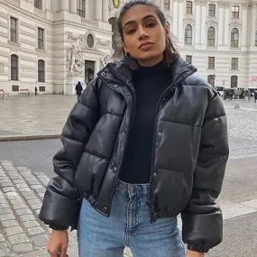 Faux Leather Puffer Jacker Black