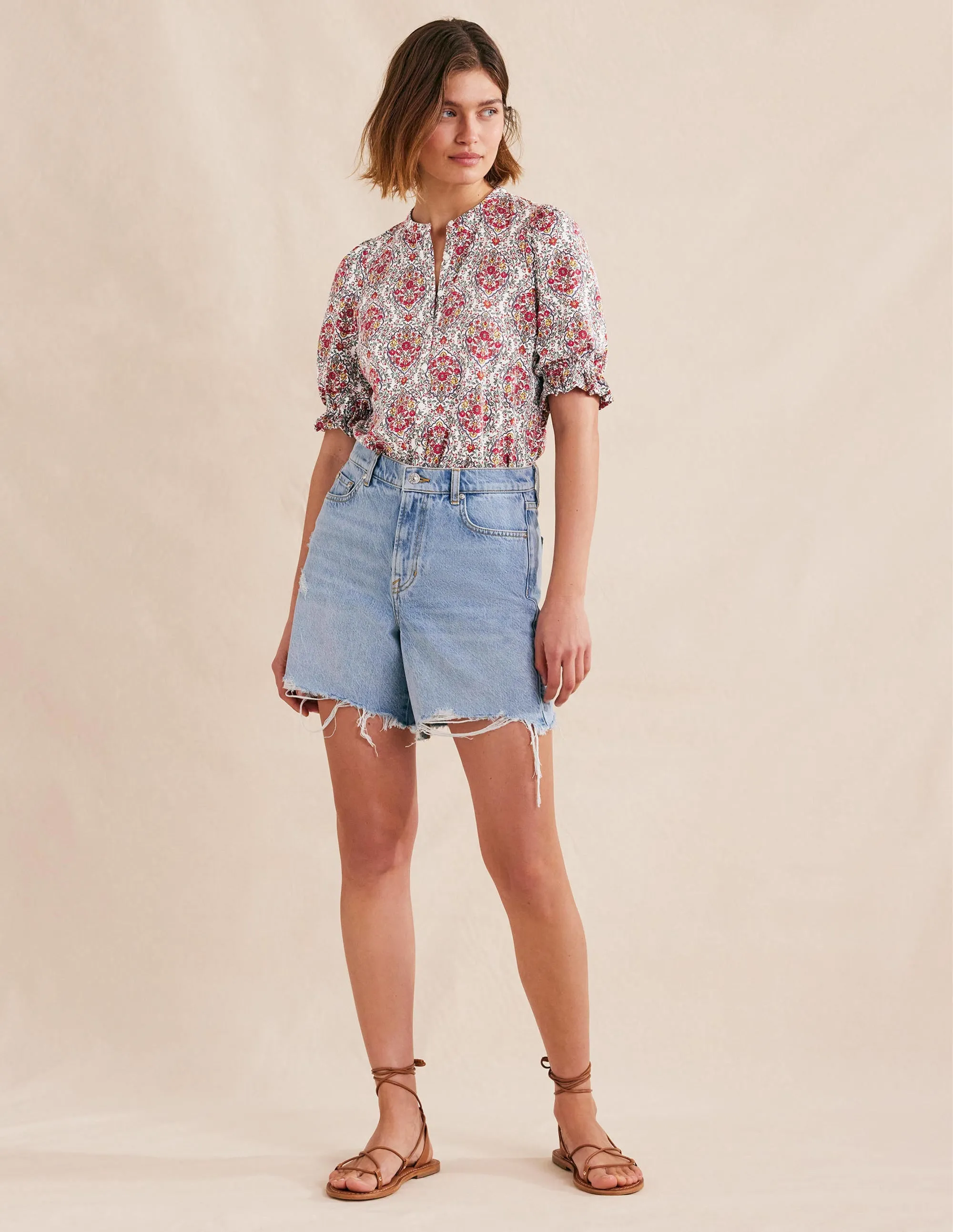 Frilled Short Sleeve Shirt-Multi, Vine Terrace