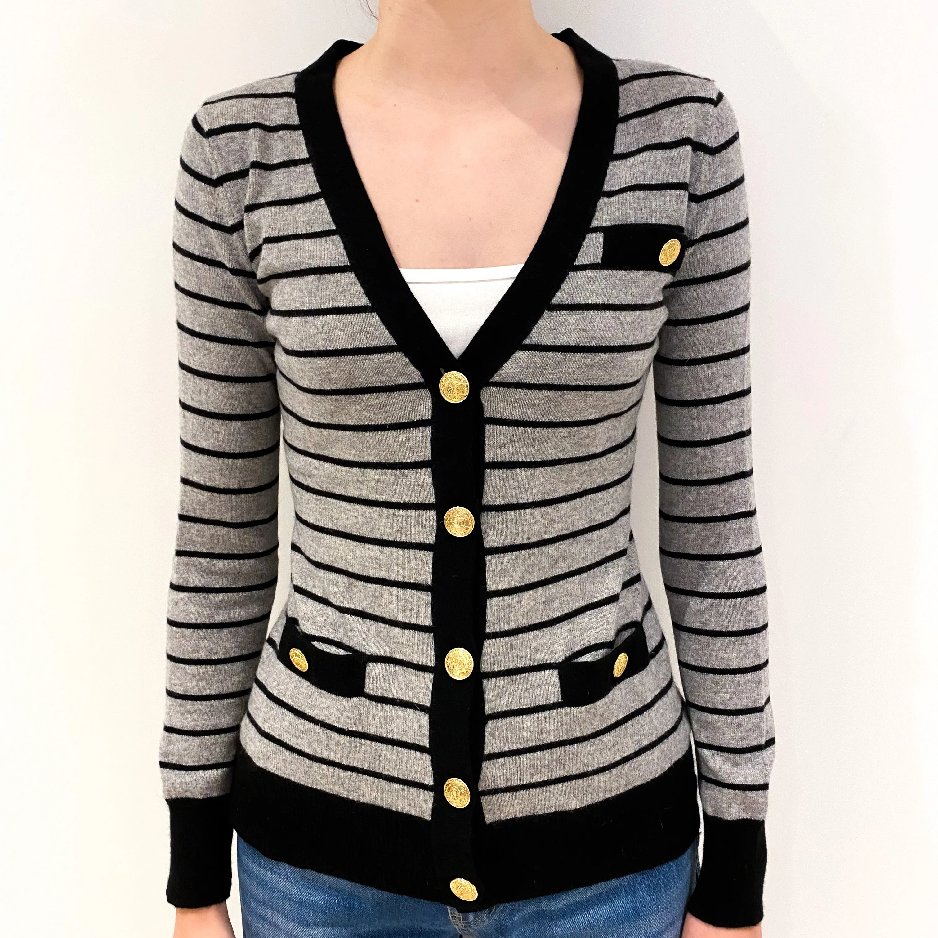 Grey Black Striped Cashmere Cardigan Extra Small