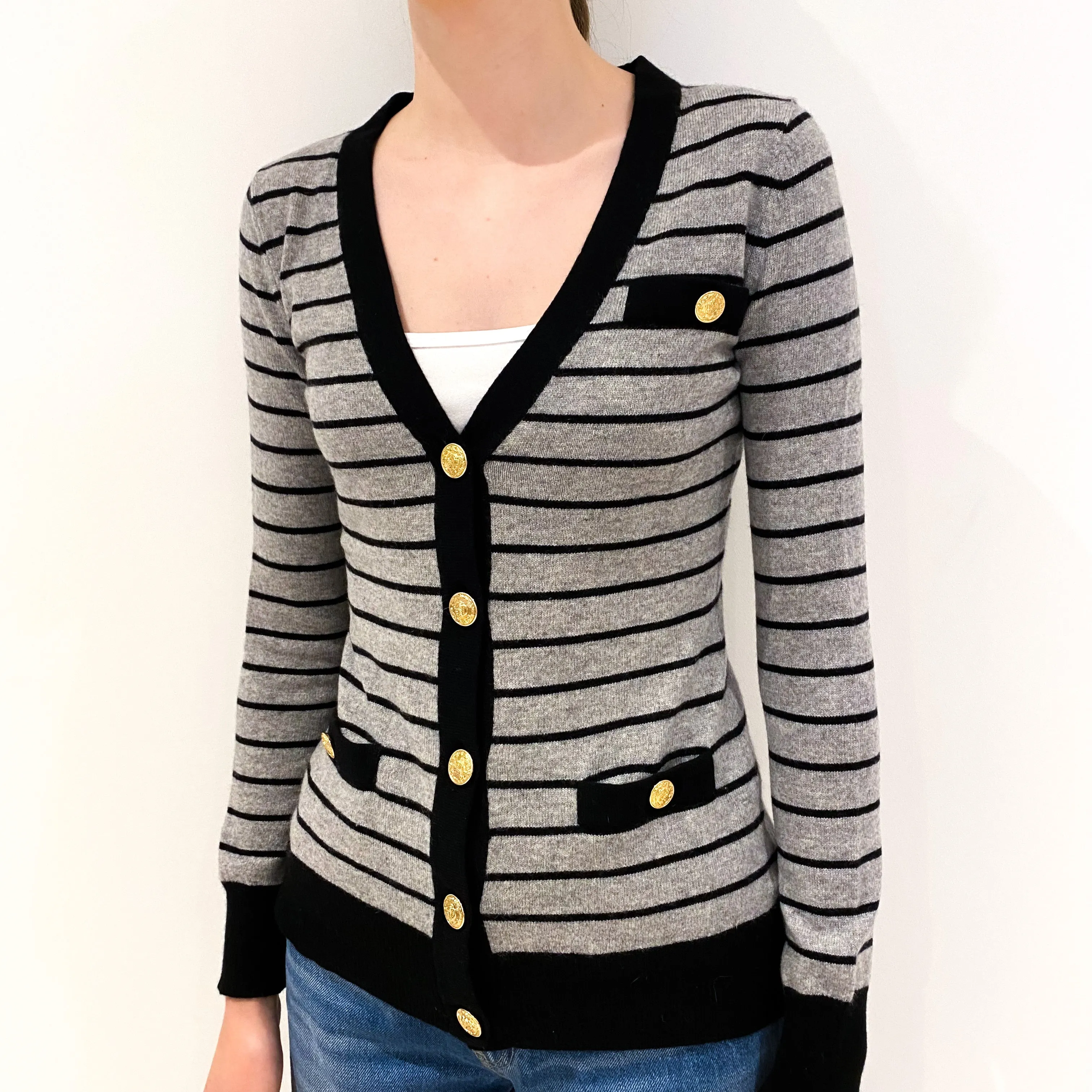 Grey Black Striped Cashmere Cardigan Extra Small