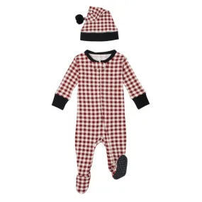 Holiday Zipper Footie & Cap, Crimson Plaid