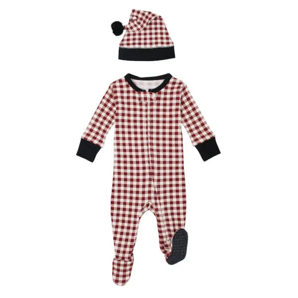 Holiday Zipper Footie & Cap, Crimson Plaid