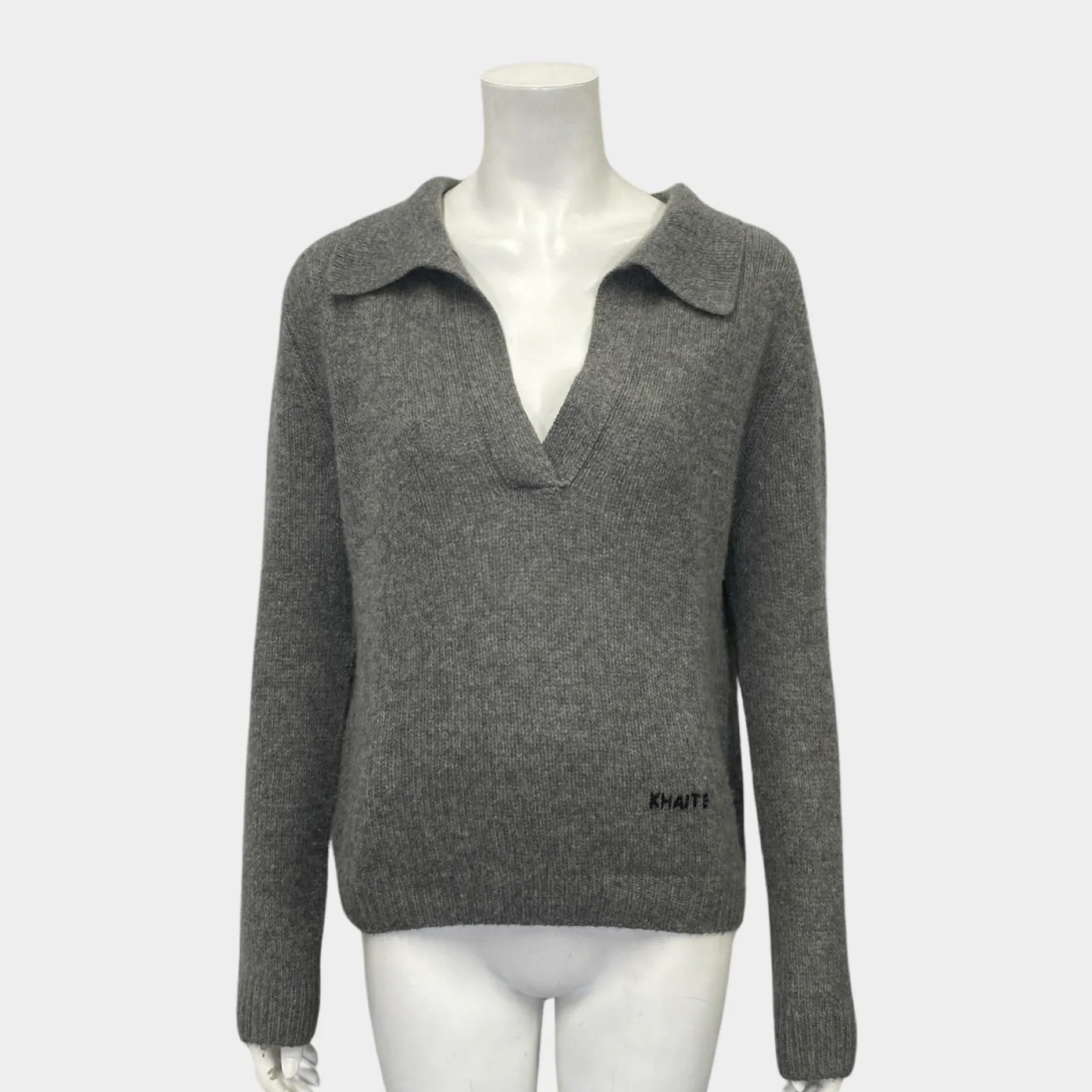 Khaite women's grey v-neck jumper with logo