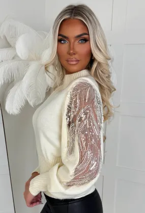 Khloe Cream Embellished Sleeve Knitted Jumper
