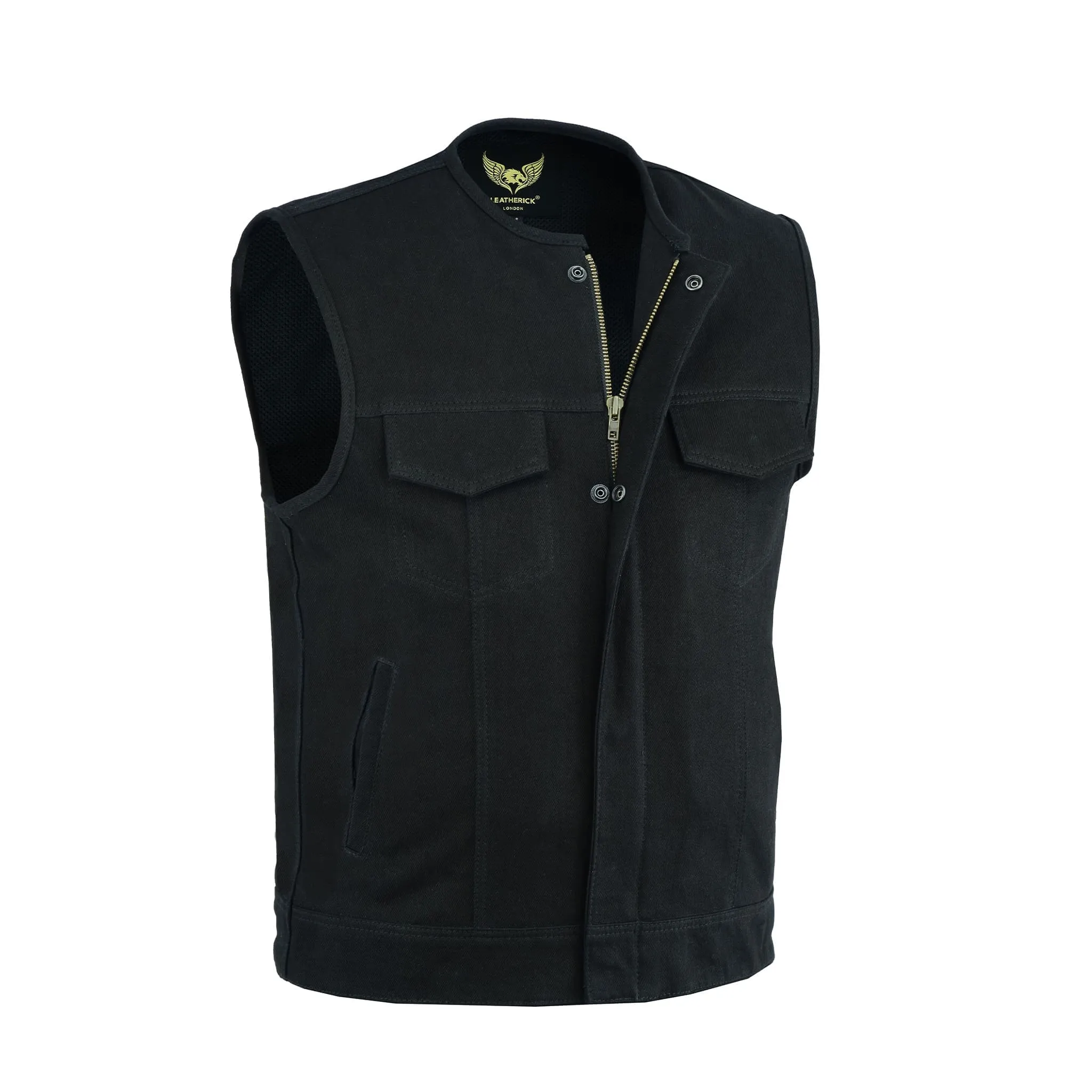 Leatherick Collarless Black Denim Vest