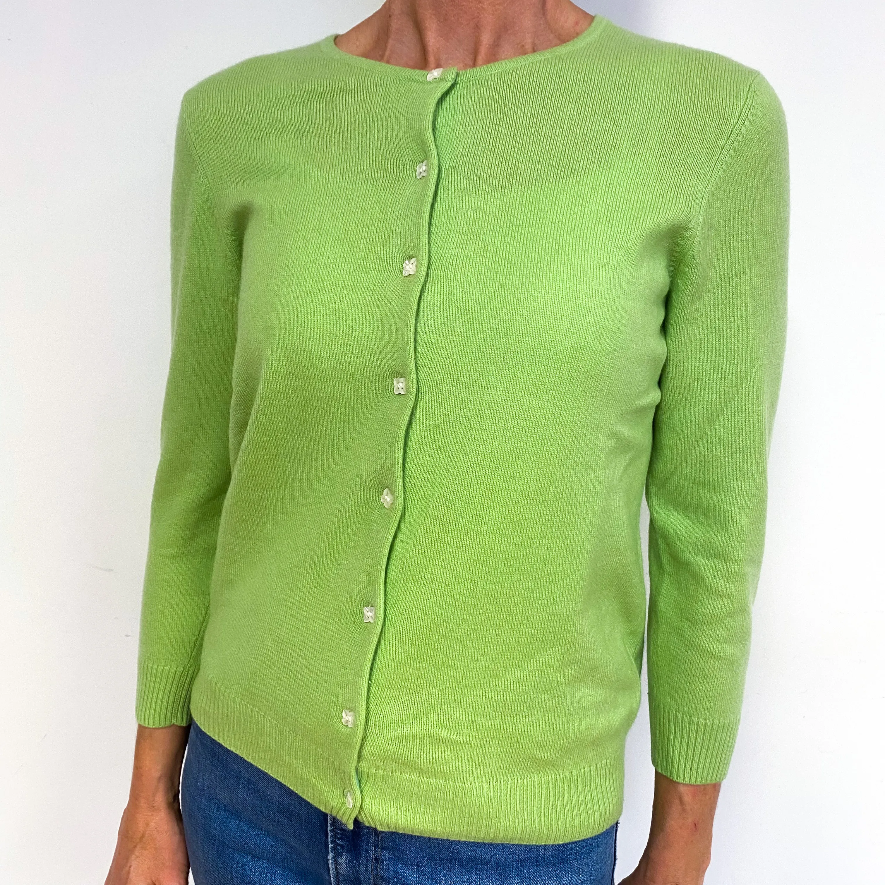 Lime Green 3/4 Sleeve Cashmere Crew Neck Cardigan Medium