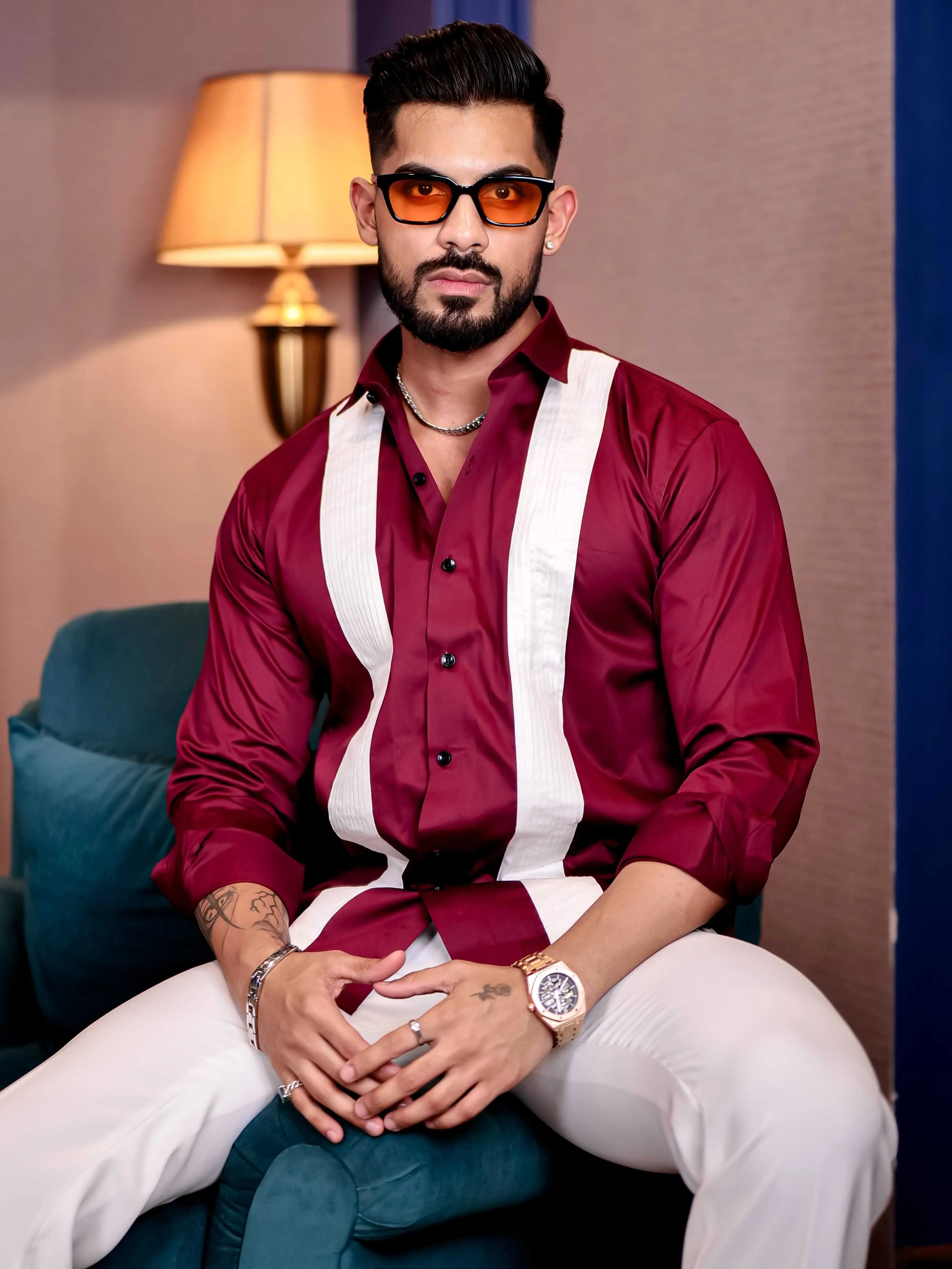 Maroon with White Subtle Sheen Tuxedo Premium Giza Satin Cotton Shirt