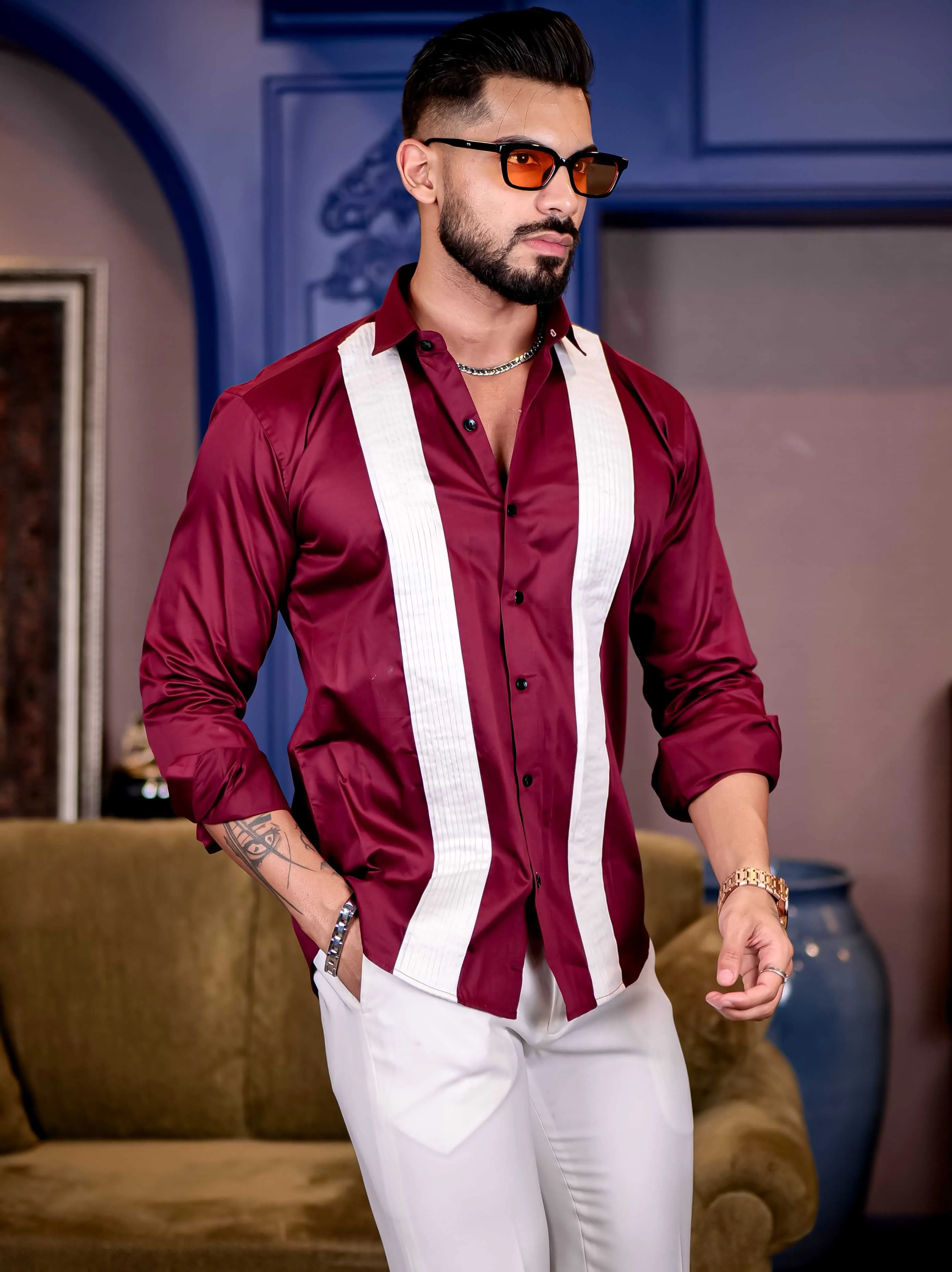 Maroon with White Subtle Sheen Tuxedo Premium Giza Satin Cotton Shirt