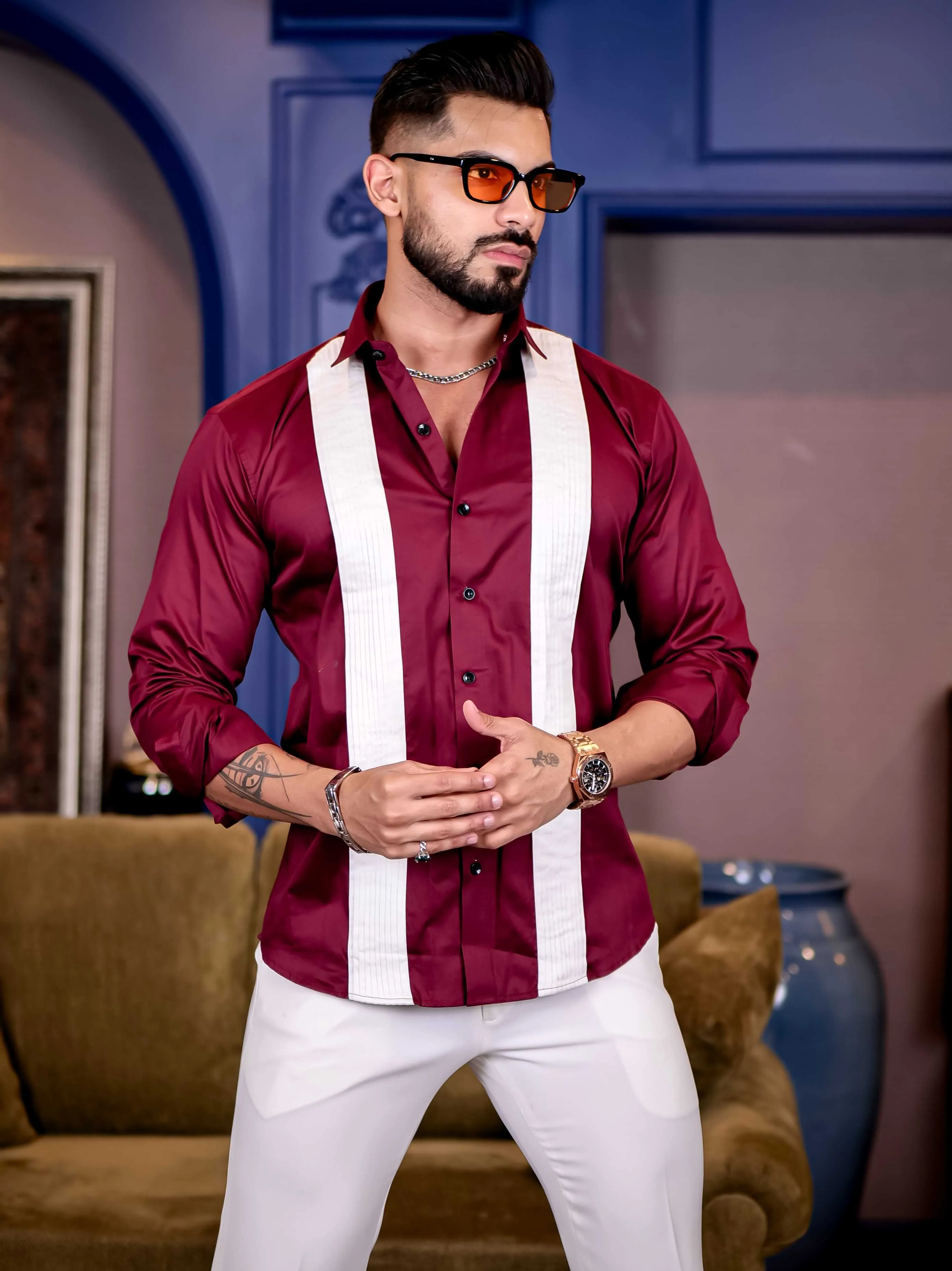 Maroon with White Subtle Sheen Tuxedo Premium Giza Satin Cotton Shirt