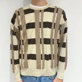 Men's Cream and Brown Checked Cashmere Crew Neck Jumper Large