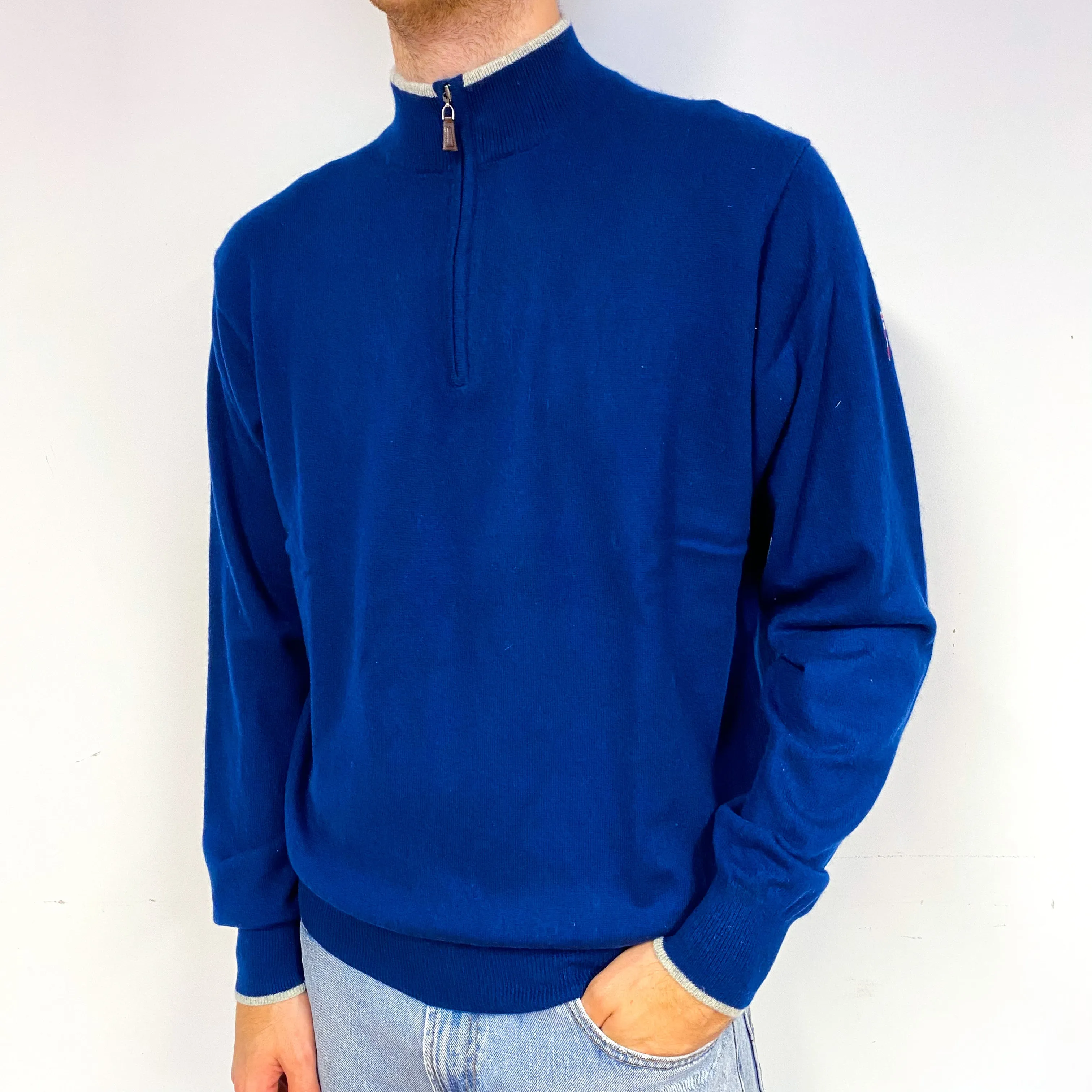 Men's French Navy Cashmere 1/4 Zip Jumper Large