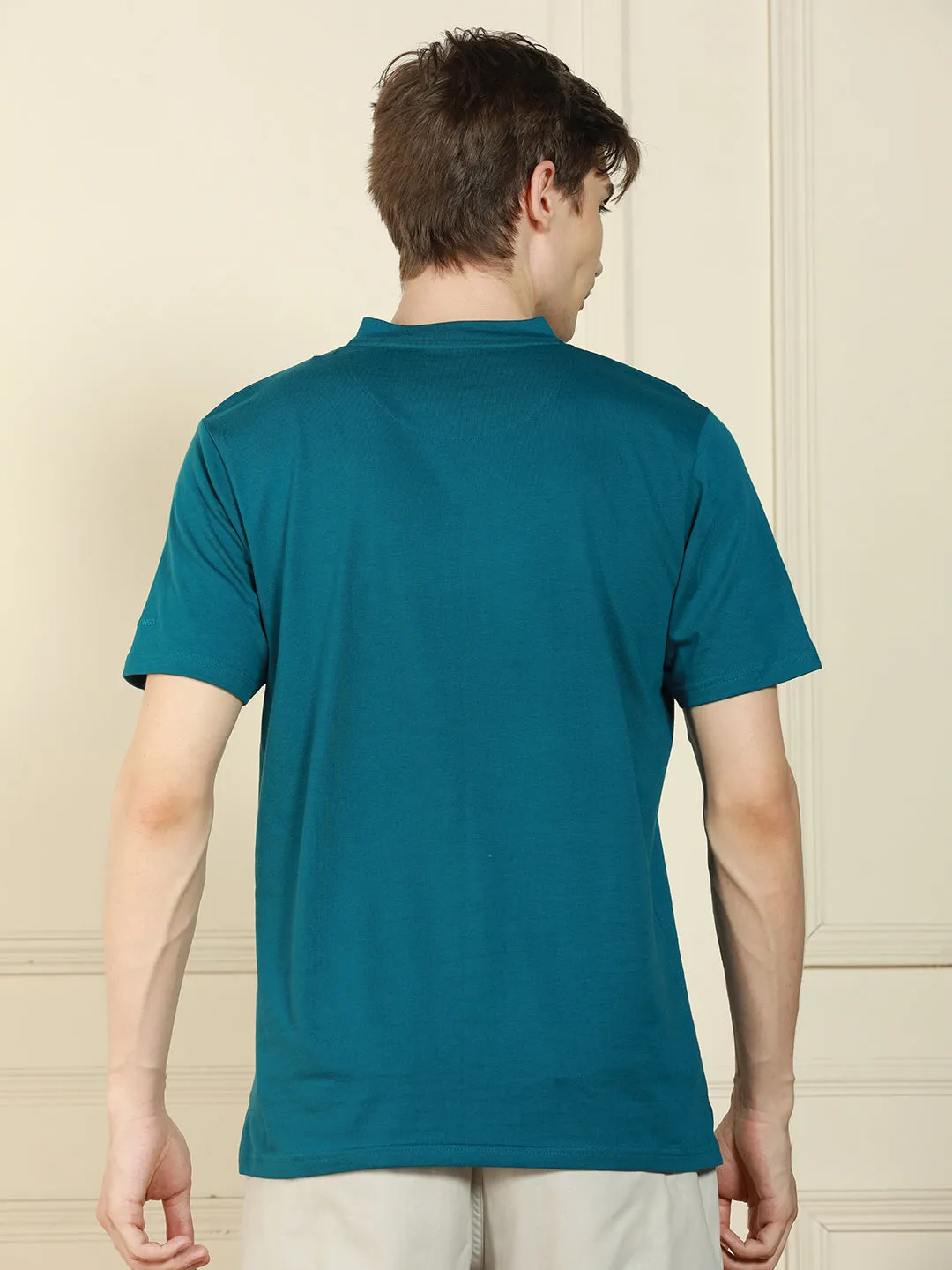 Men's Teal Henley Neck Solid Cotton T-Shirt
