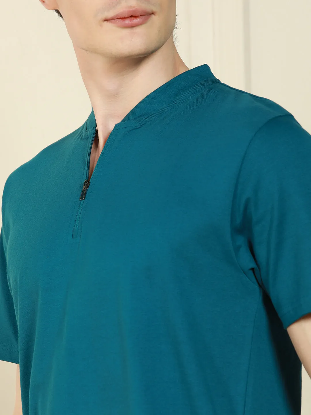 Men's Teal Henley Neck Solid Cotton T-Shirt
