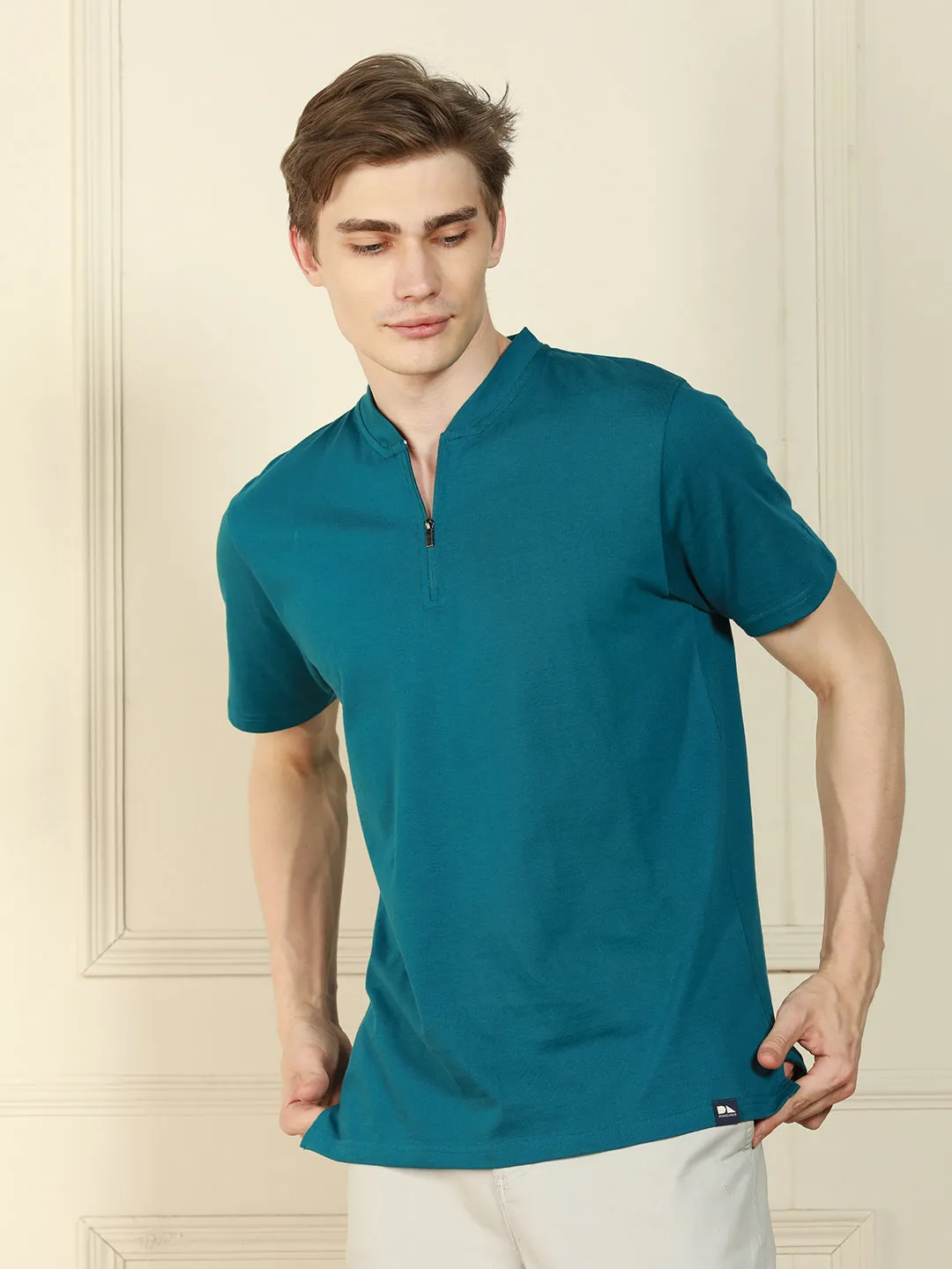 Men's Teal Henley Neck Solid Cotton T-Shirt