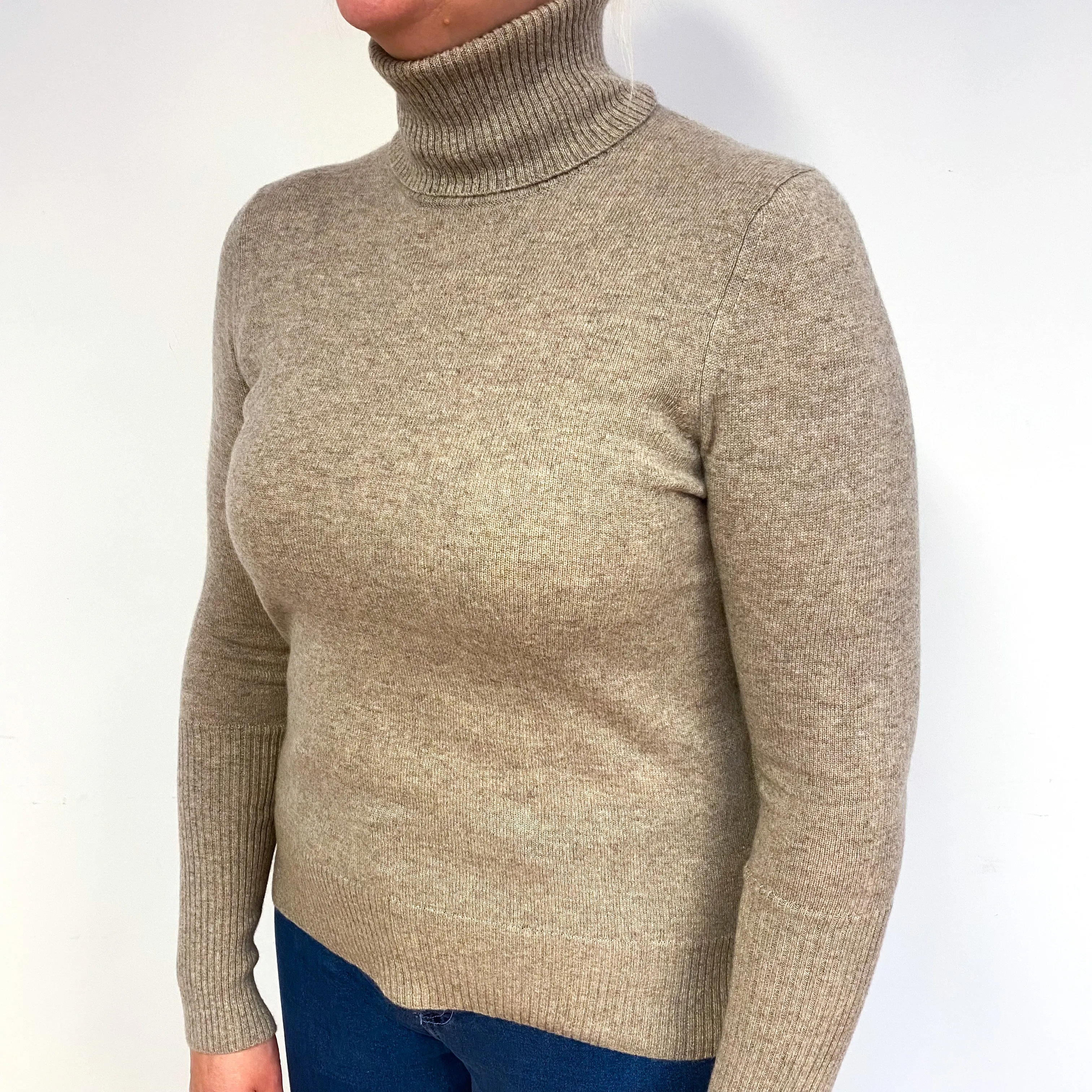 Mink Brown Cashmere Polo Neck Jumper Large