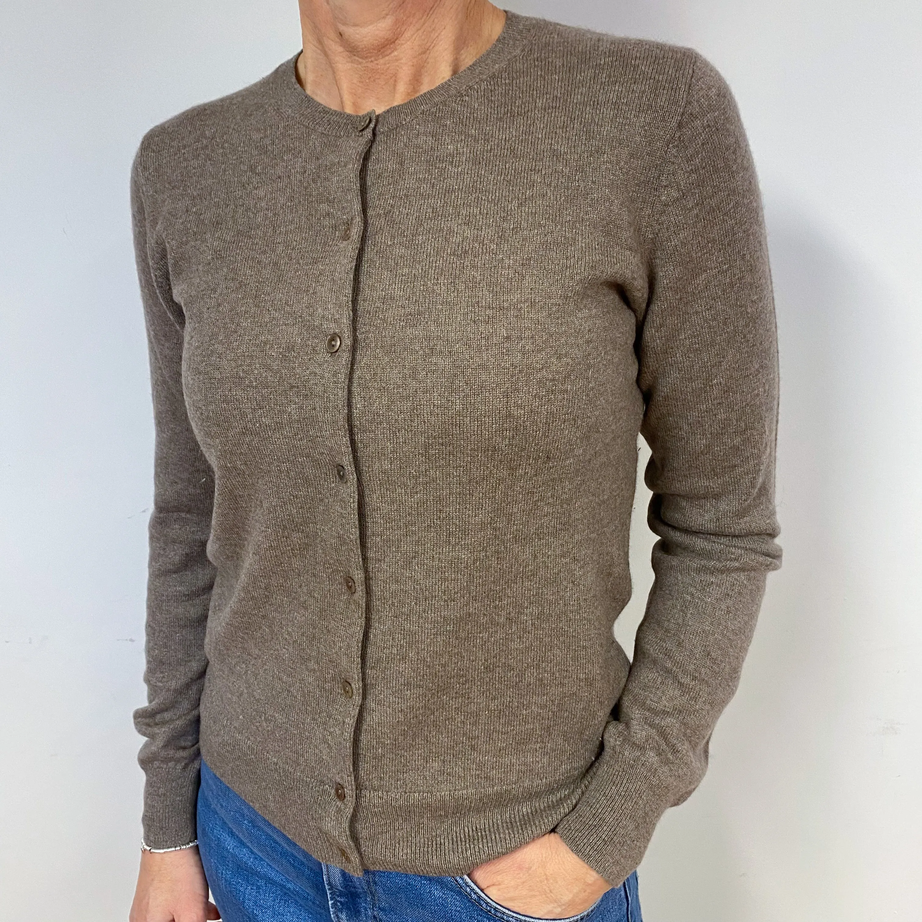 Mocha Brown Cashmere Crew Neck Cardigan Medium
