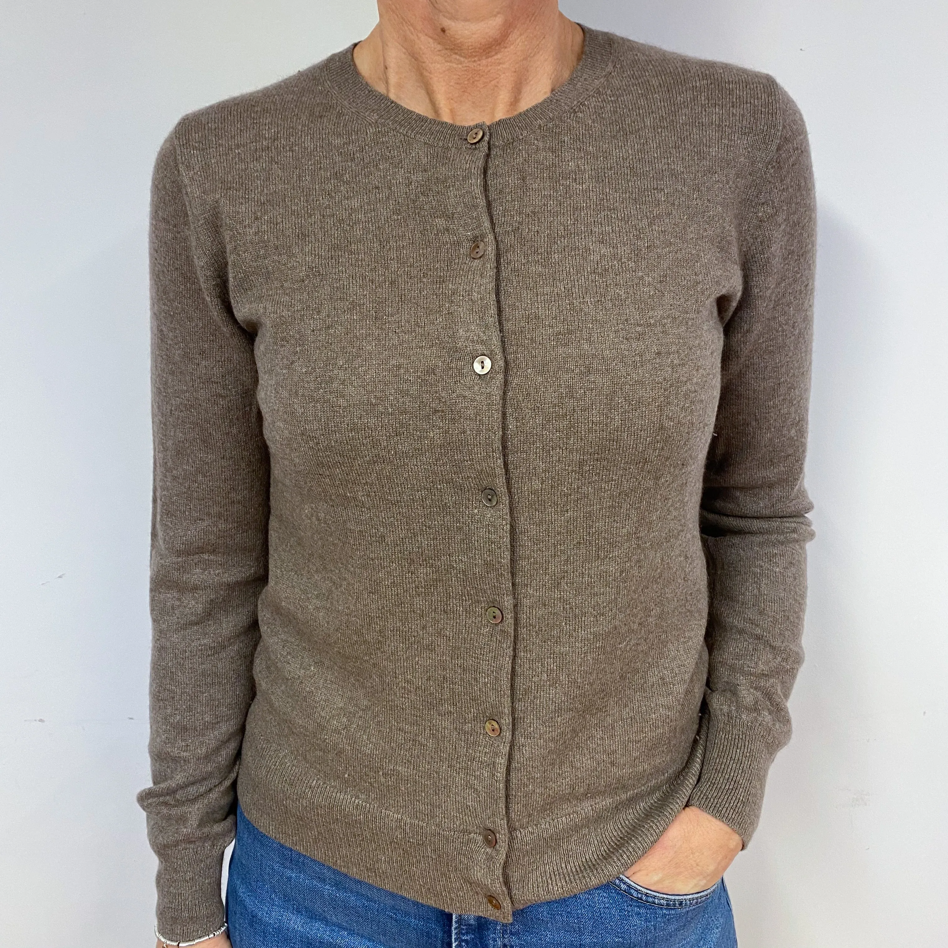 Mocha Brown Cashmere Crew Neck Cardigan Medium
