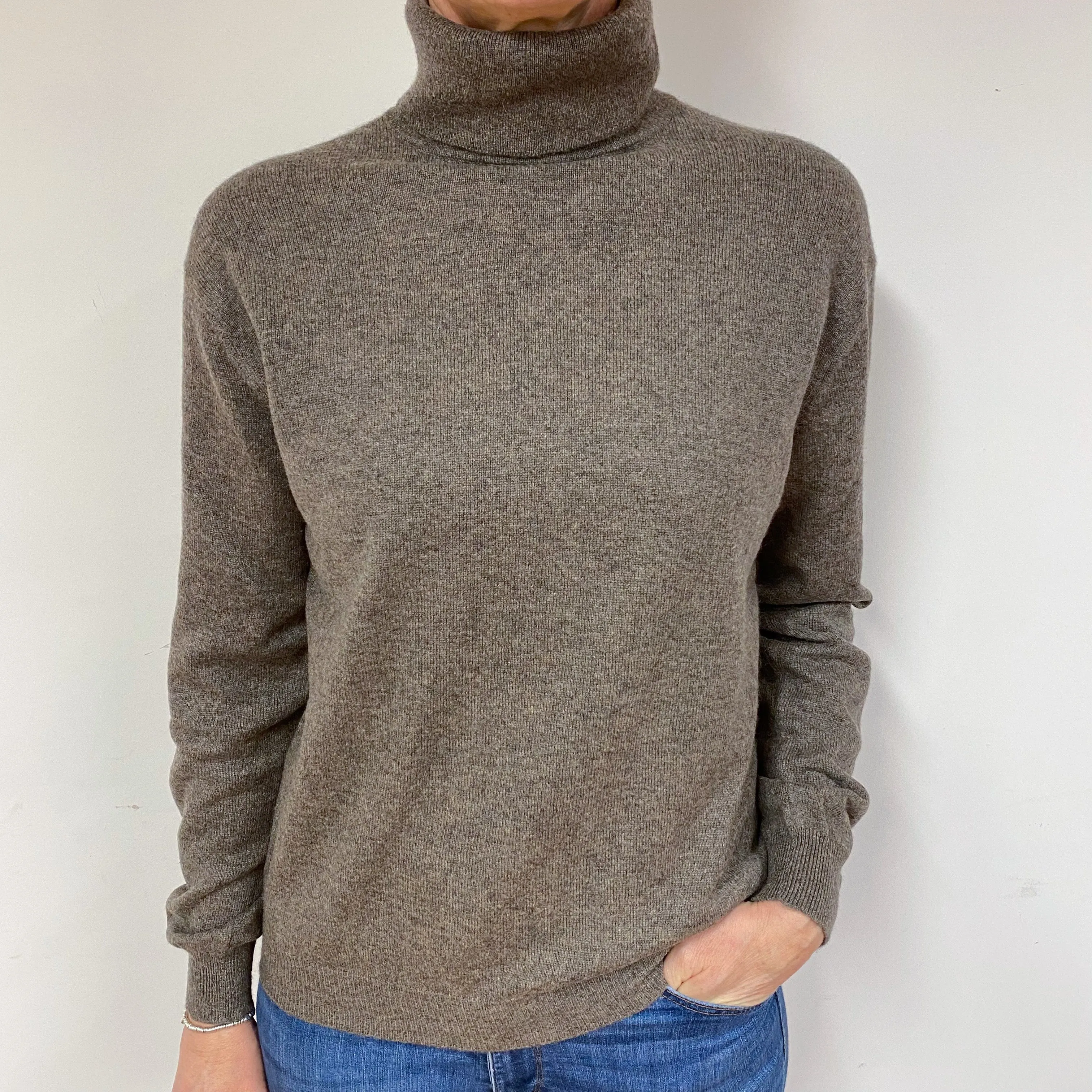 Mole Brown Cashmere Polo Neck Jumper Medium