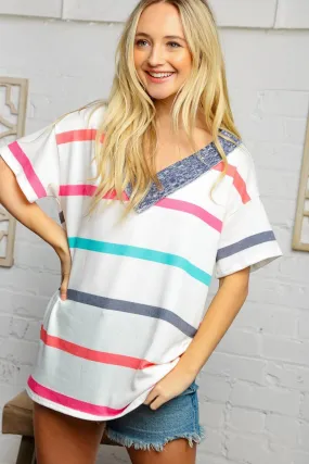 Multicolor Stripe Reverse Stitch Thermal Knit Top