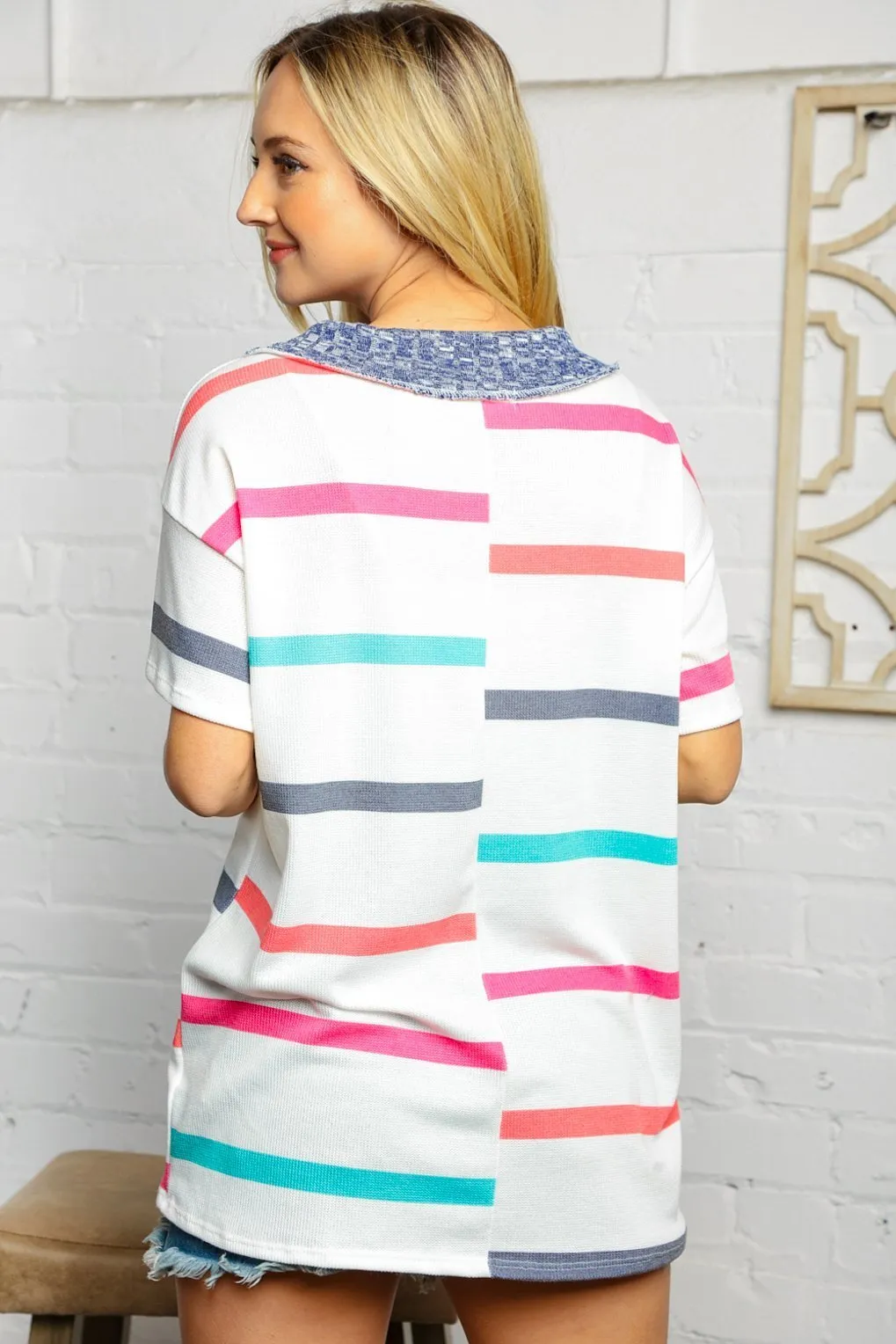 Multicolor Stripe Reverse Stitch Thermal Knit Top