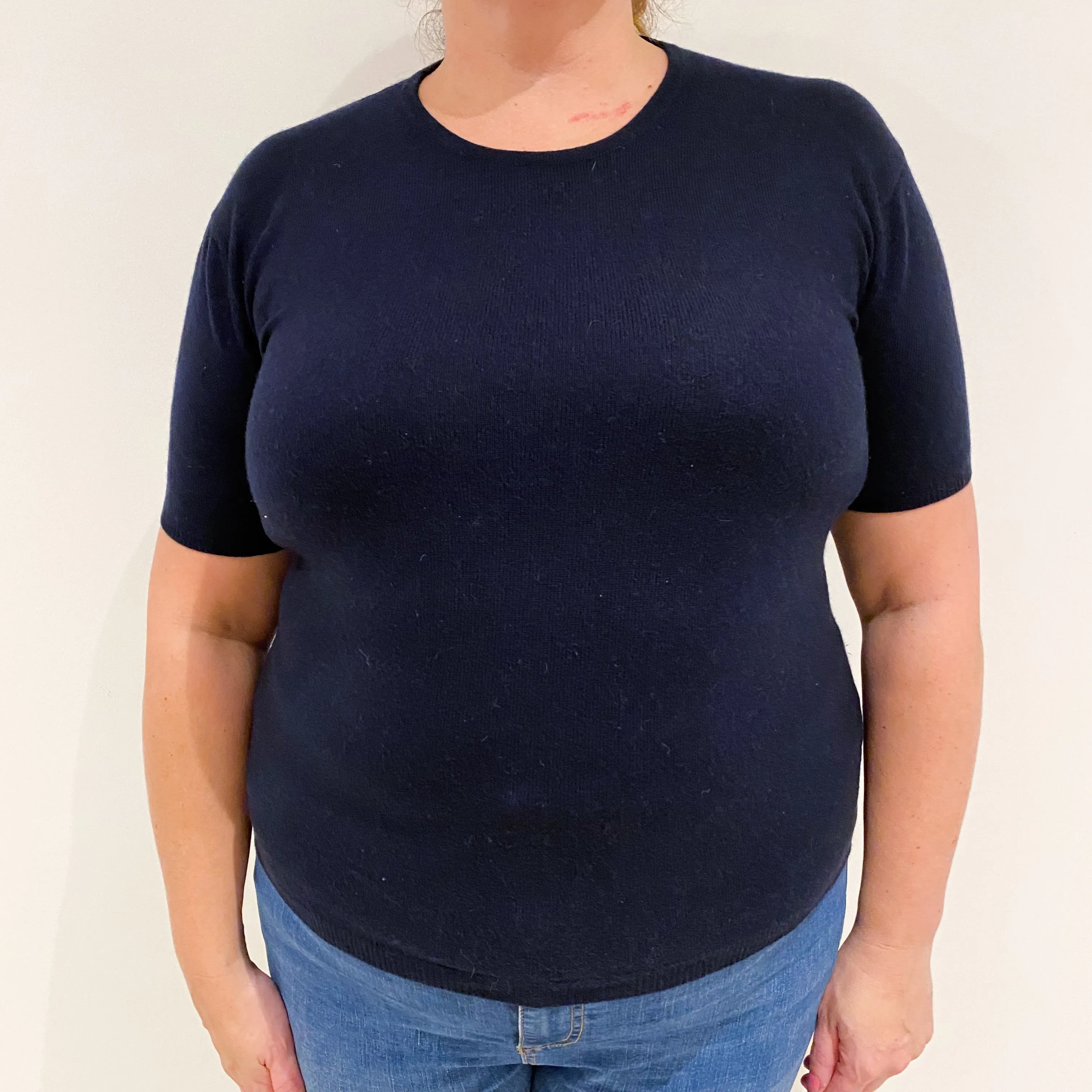 Navy Blue Short Sleeved Cashmere Crew Neck Jumper Extra Large