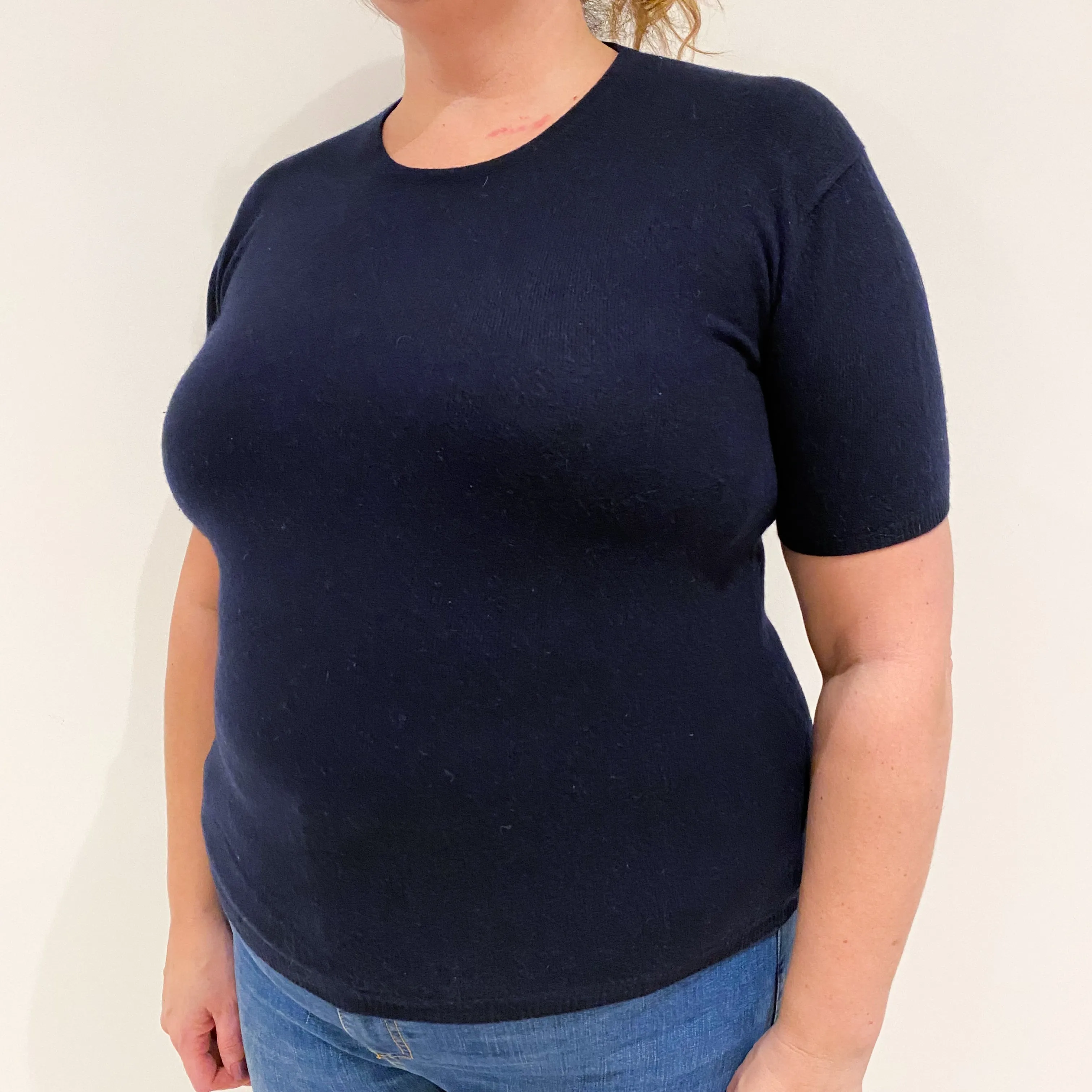 Navy Blue Short Sleeved Cashmere Crew Neck Jumper Extra Large