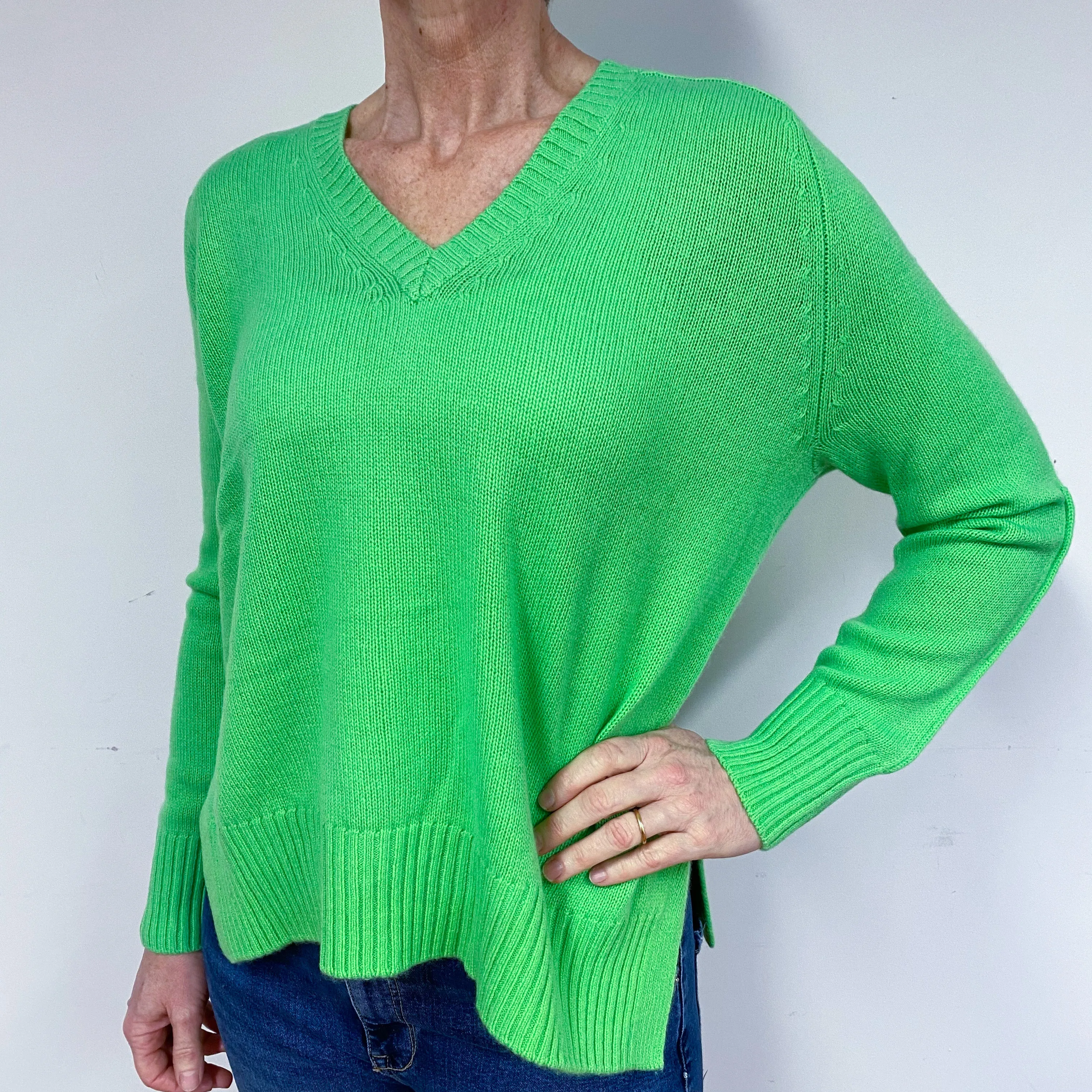 Neon Green Cashmere V-Neck Jumper Medium
