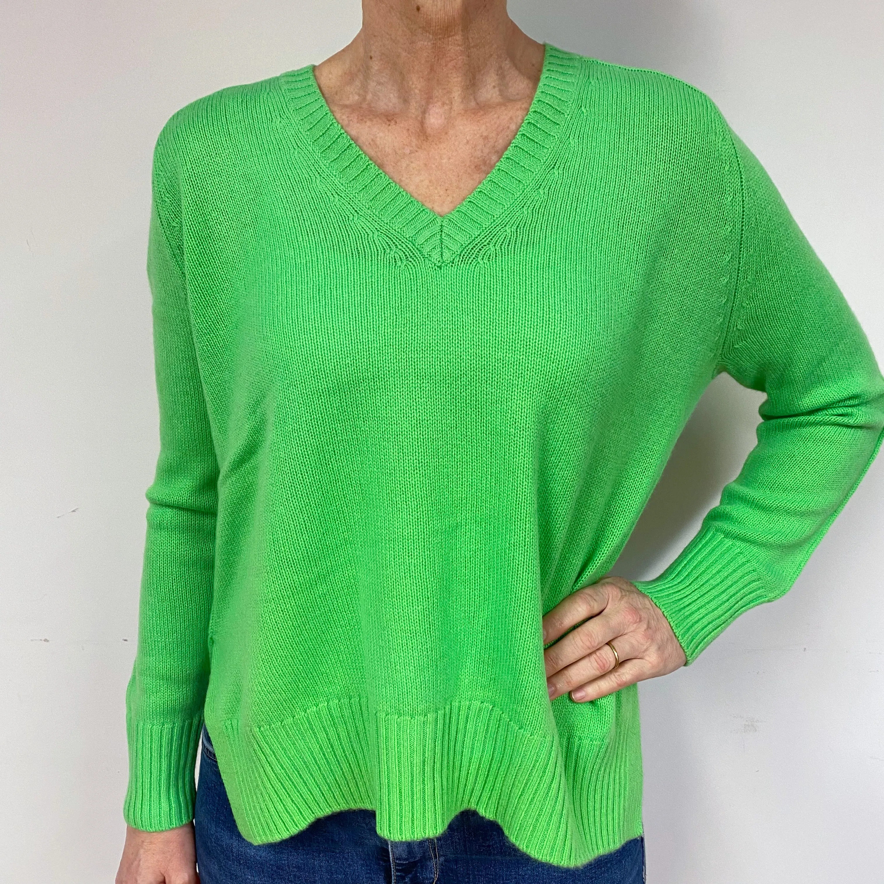 Neon Green Cashmere V-Neck Jumper Medium