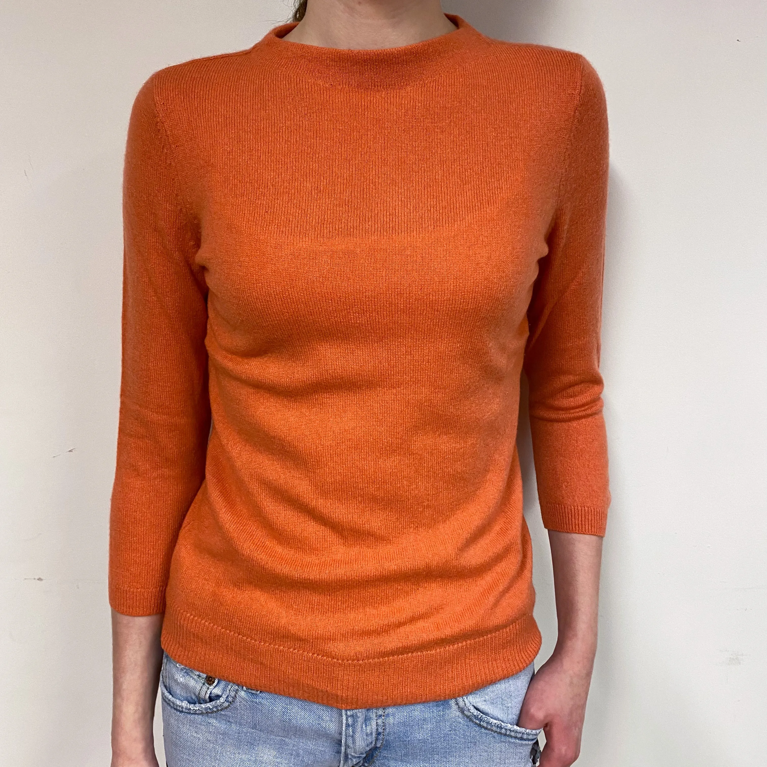 Orange 3/4 Sleeve Cashmere Crew Neck Jumper Extra Small