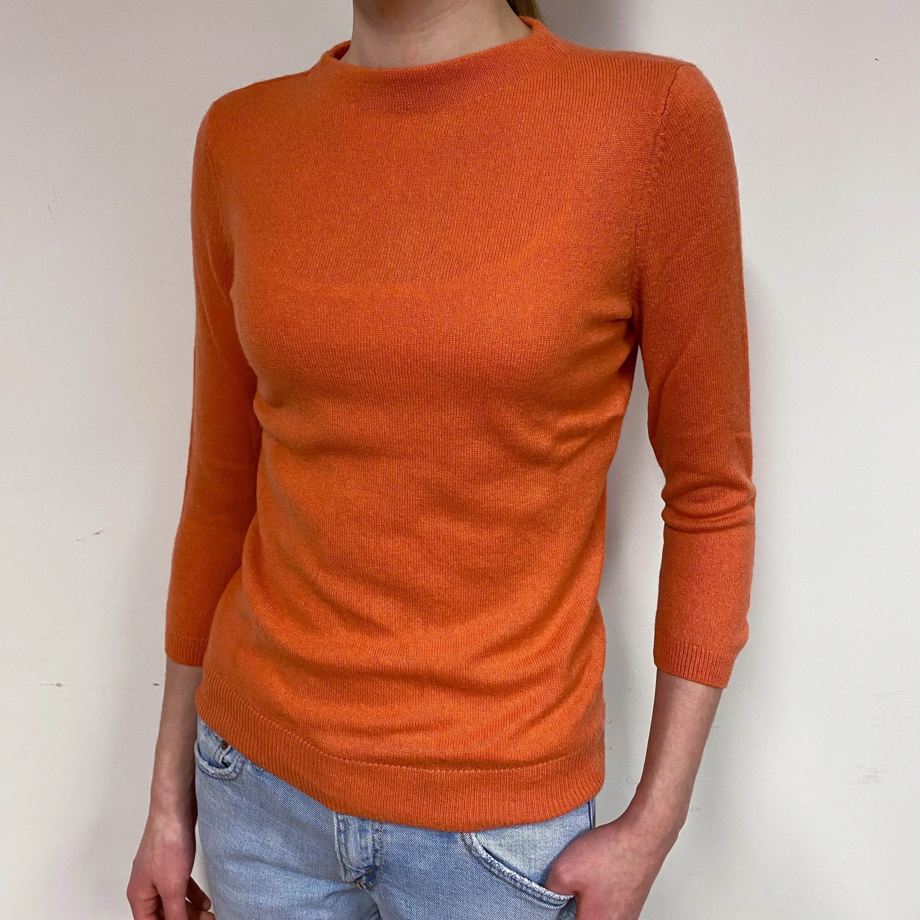 Orange 3/4 Sleeve Cashmere Crew Neck Jumper Extra Small