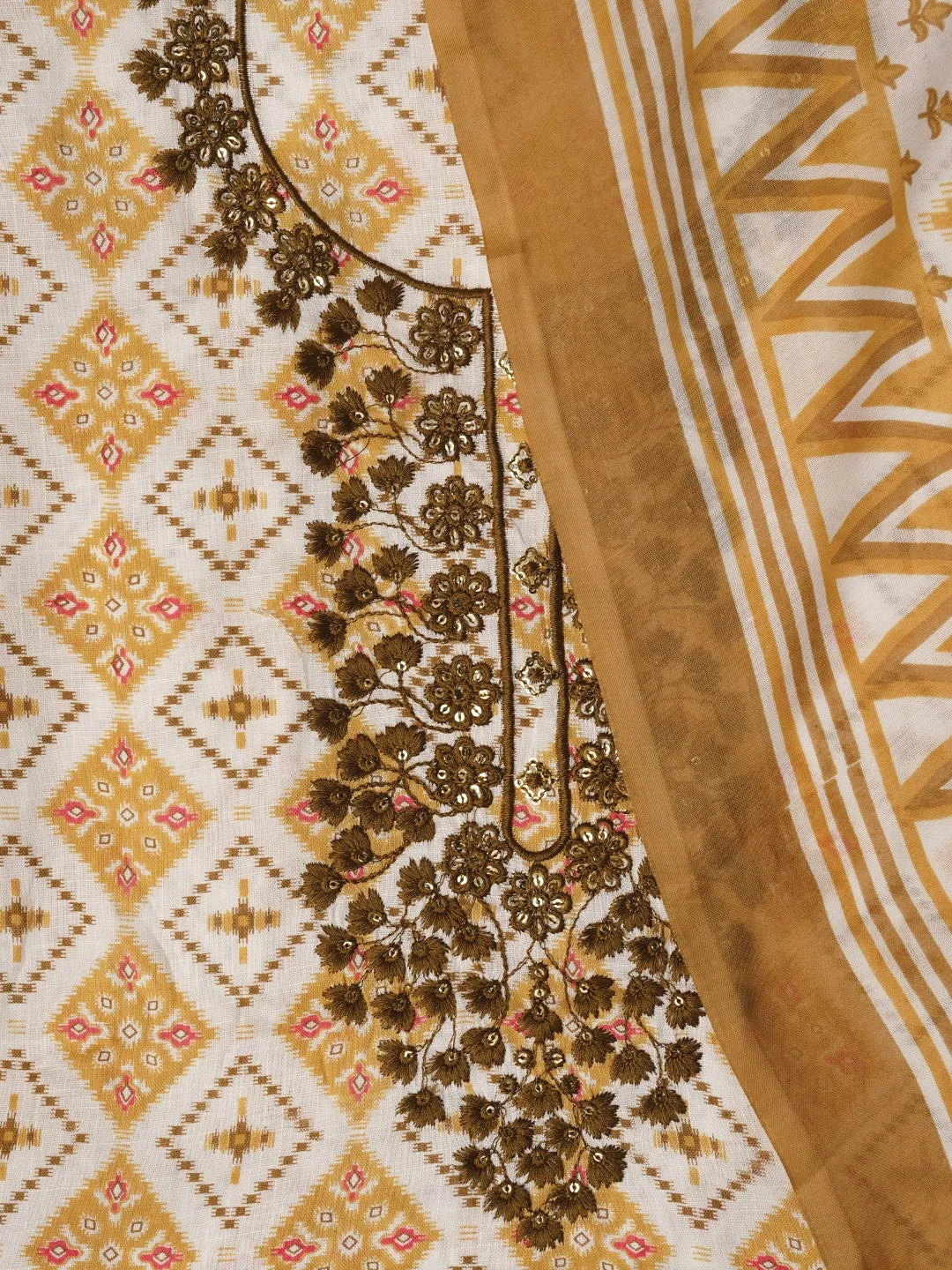 Orange Unstitched Cotton Bandhani Printed Dress Material With Dupatta