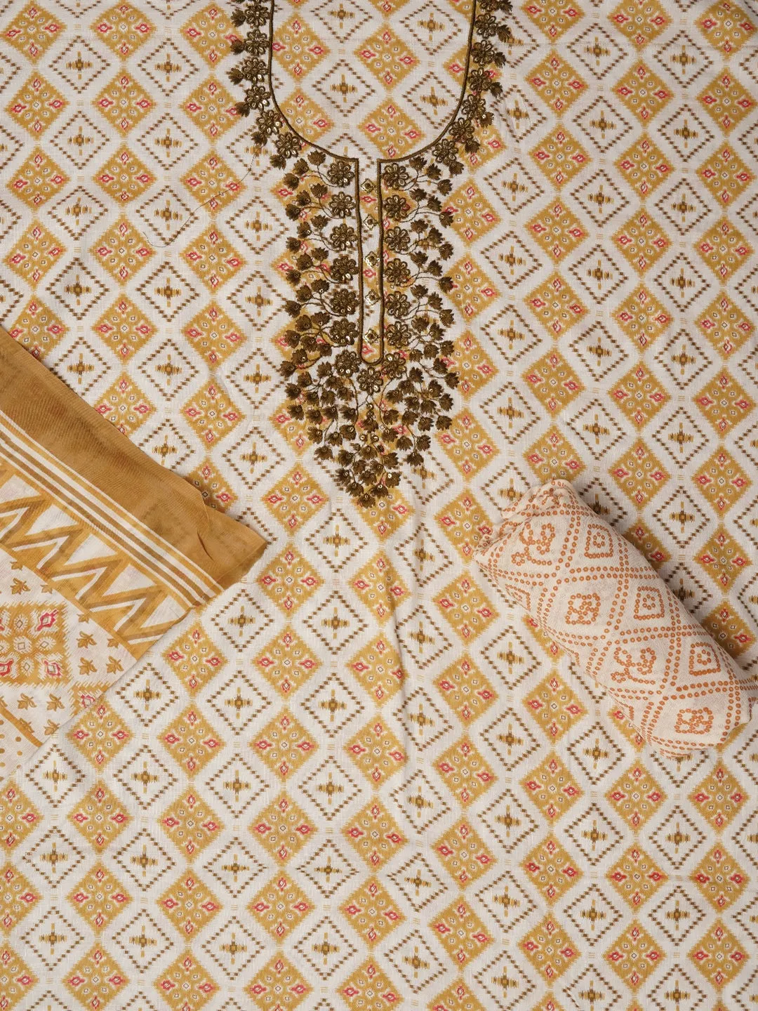 Orange Unstitched Cotton Bandhani Printed Dress Material With Dupatta