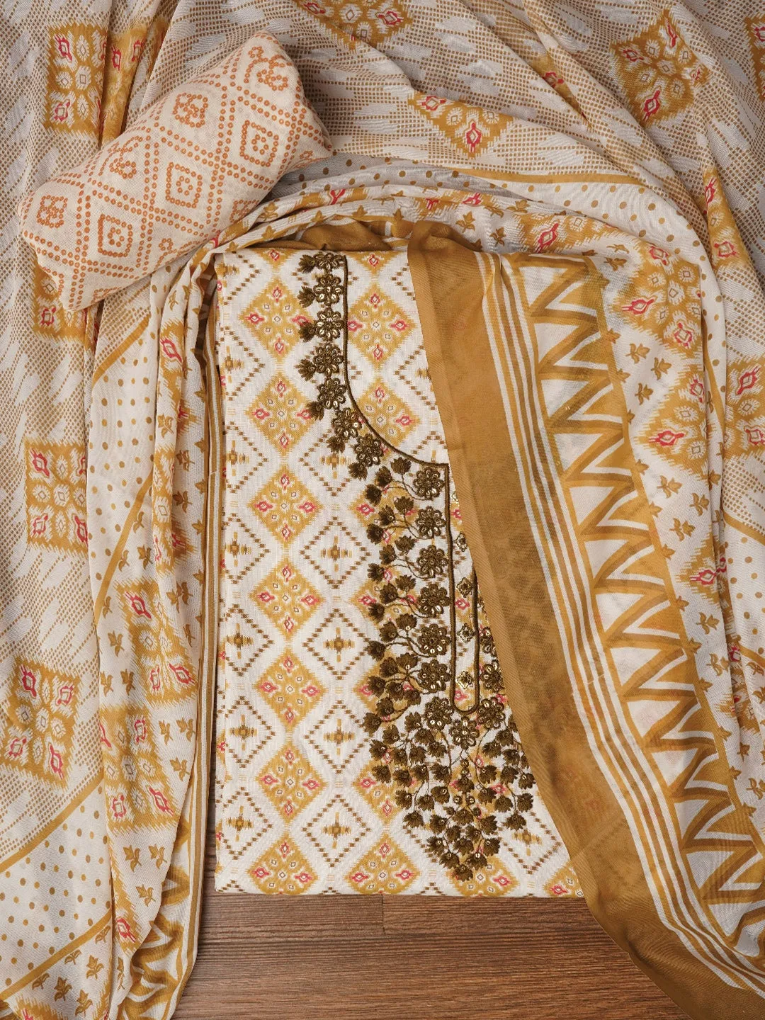 Orange Unstitched Cotton Bandhani Printed Dress Material With Dupatta