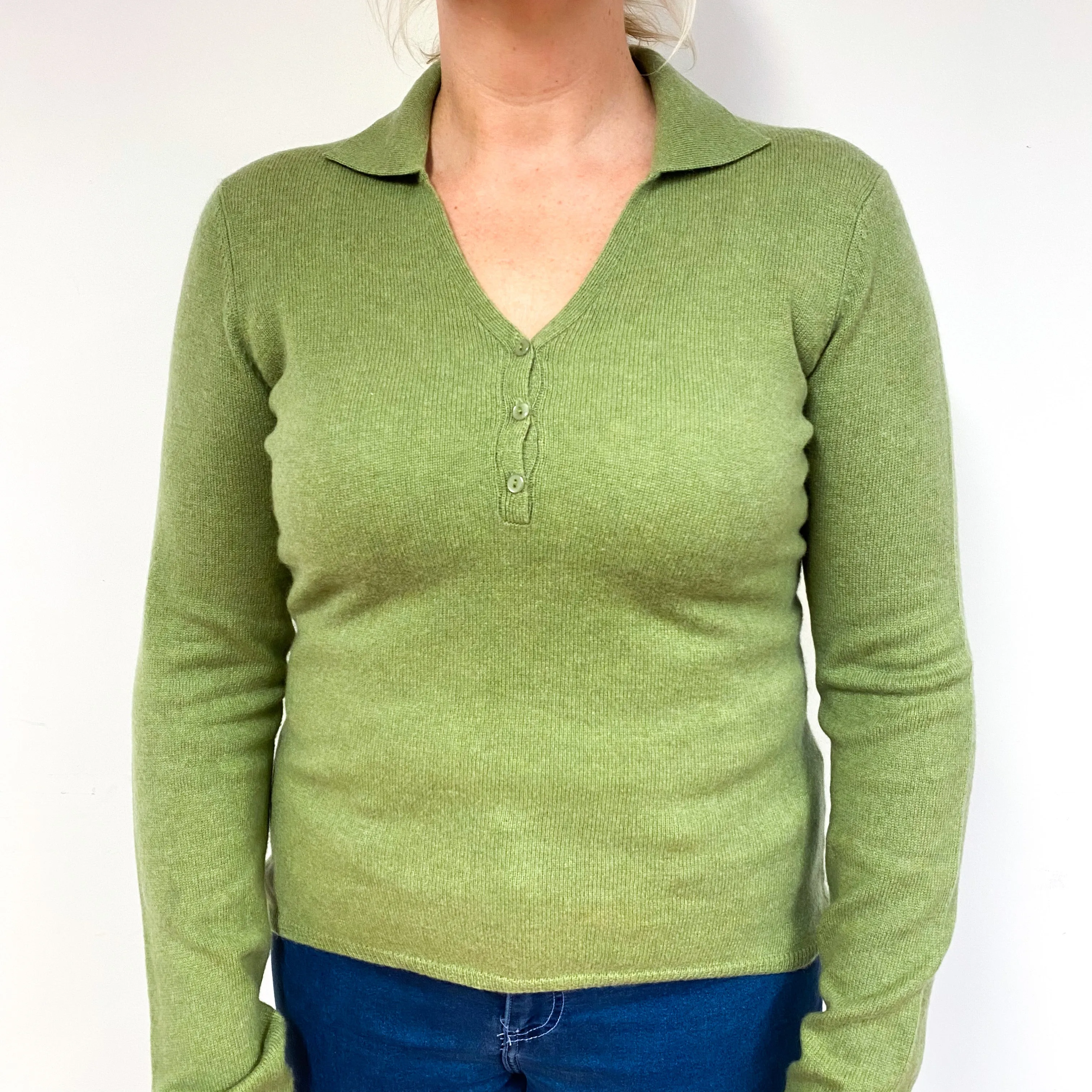 Pear Green Cashmere Collared V-Neck Jumper Large