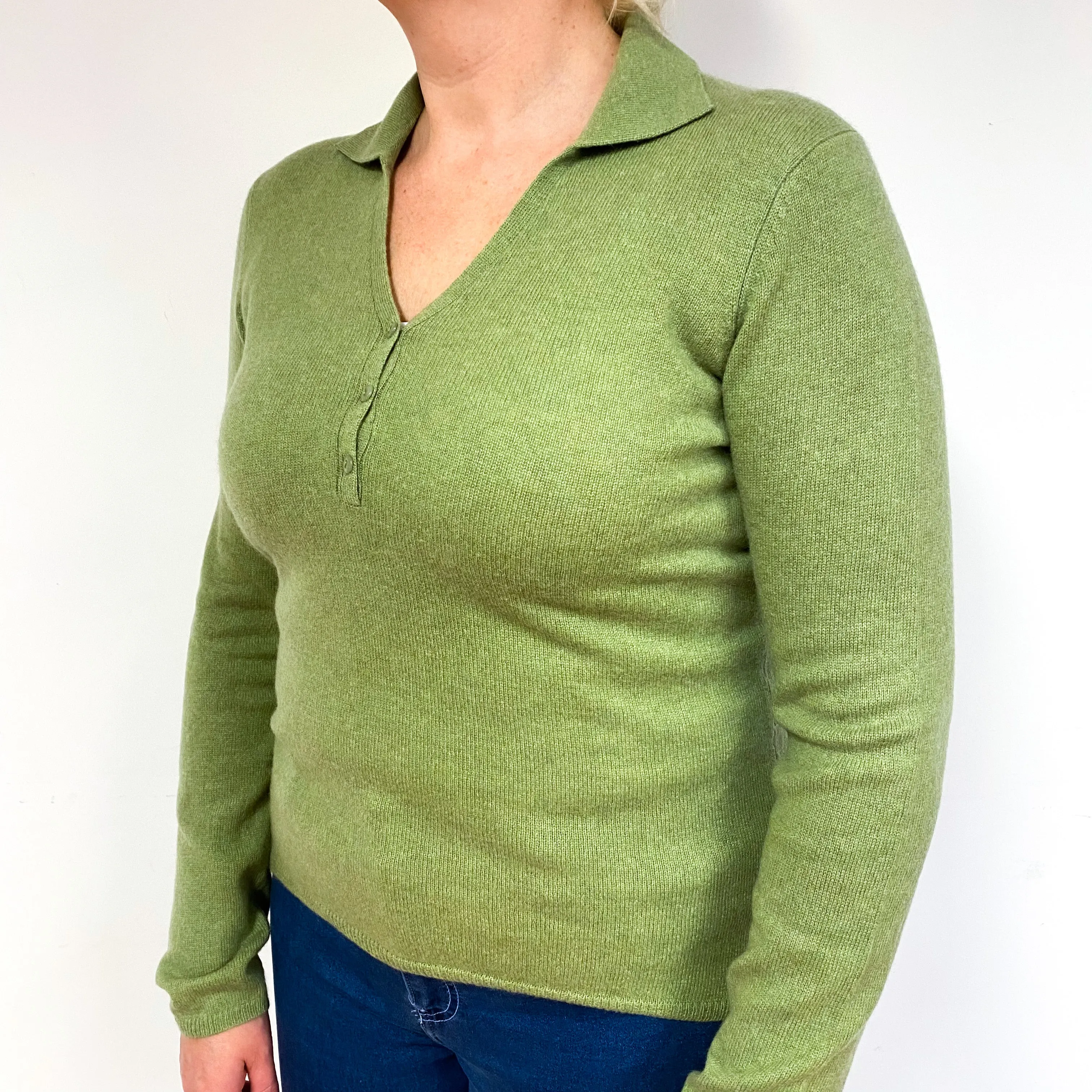 Pear Green Cashmere Collared V-Neck Jumper Large