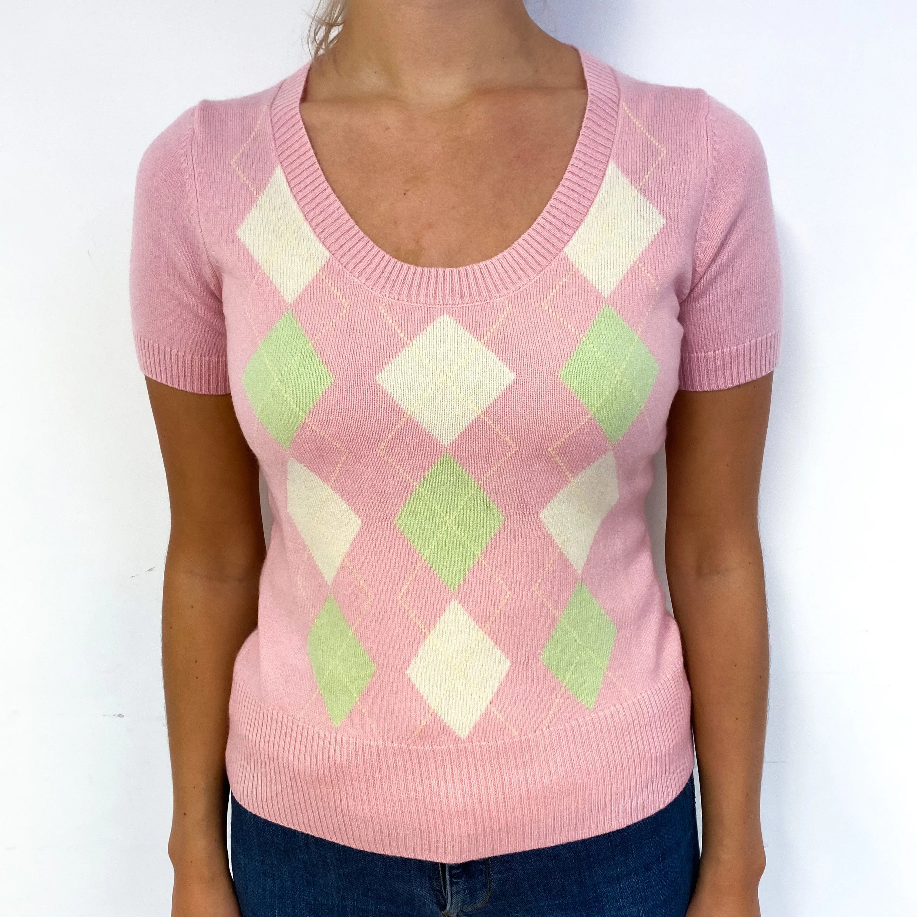 Pink Green Diamond Cashmere Short Sleeve Jumper Small