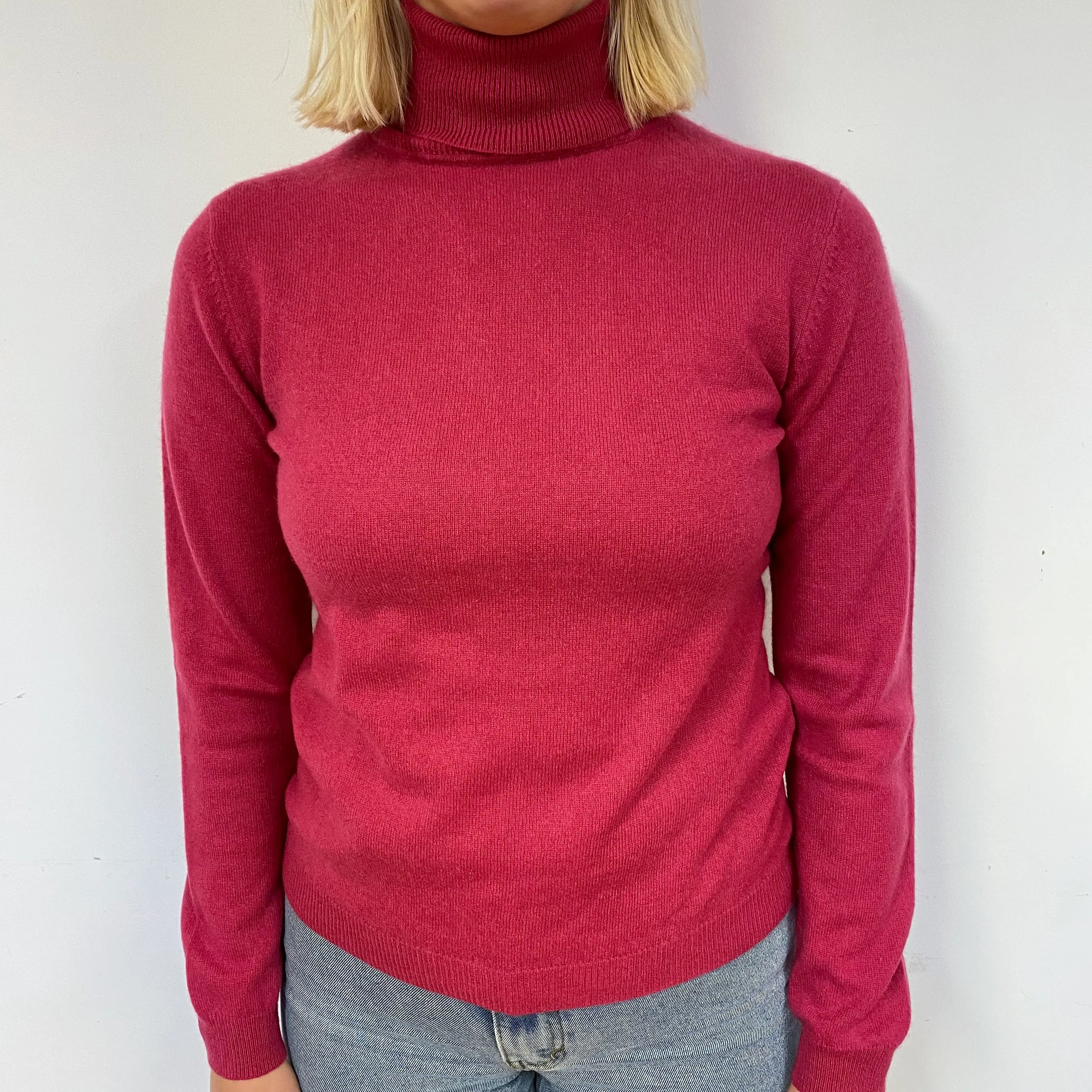 Raspberry Red Cashmere Polo Neck Jumper Small