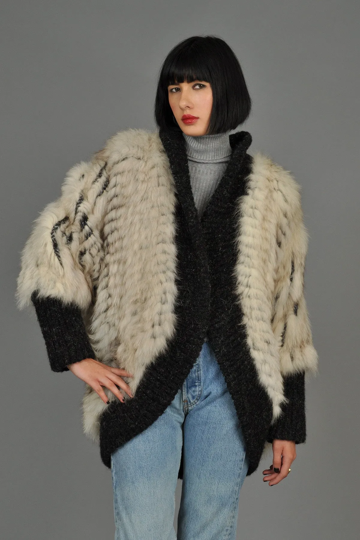 Reversible Knit Fox Fur   Mohair Cocoon Coat
