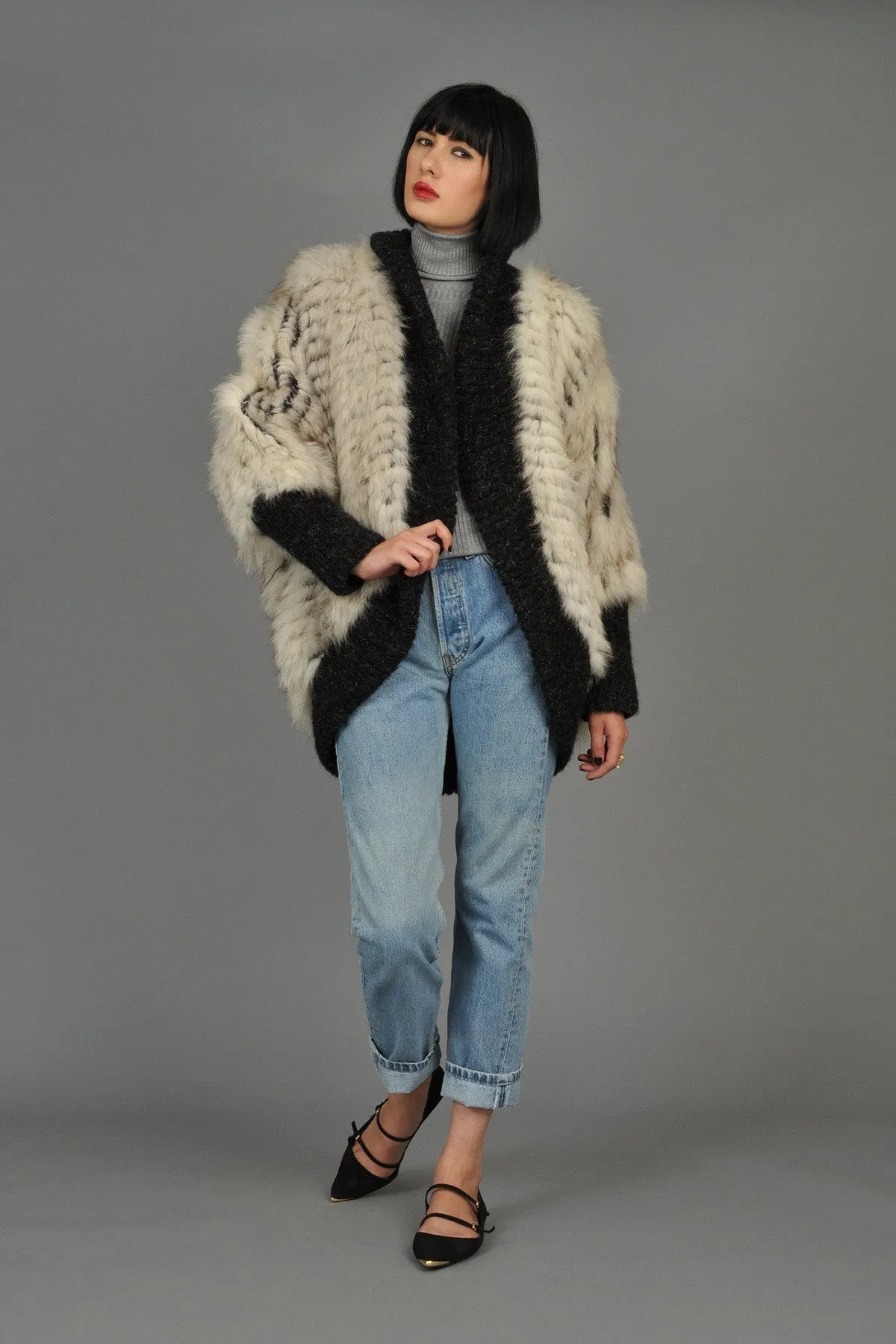 Reversible Knit Fox Fur   Mohair Cocoon Coat